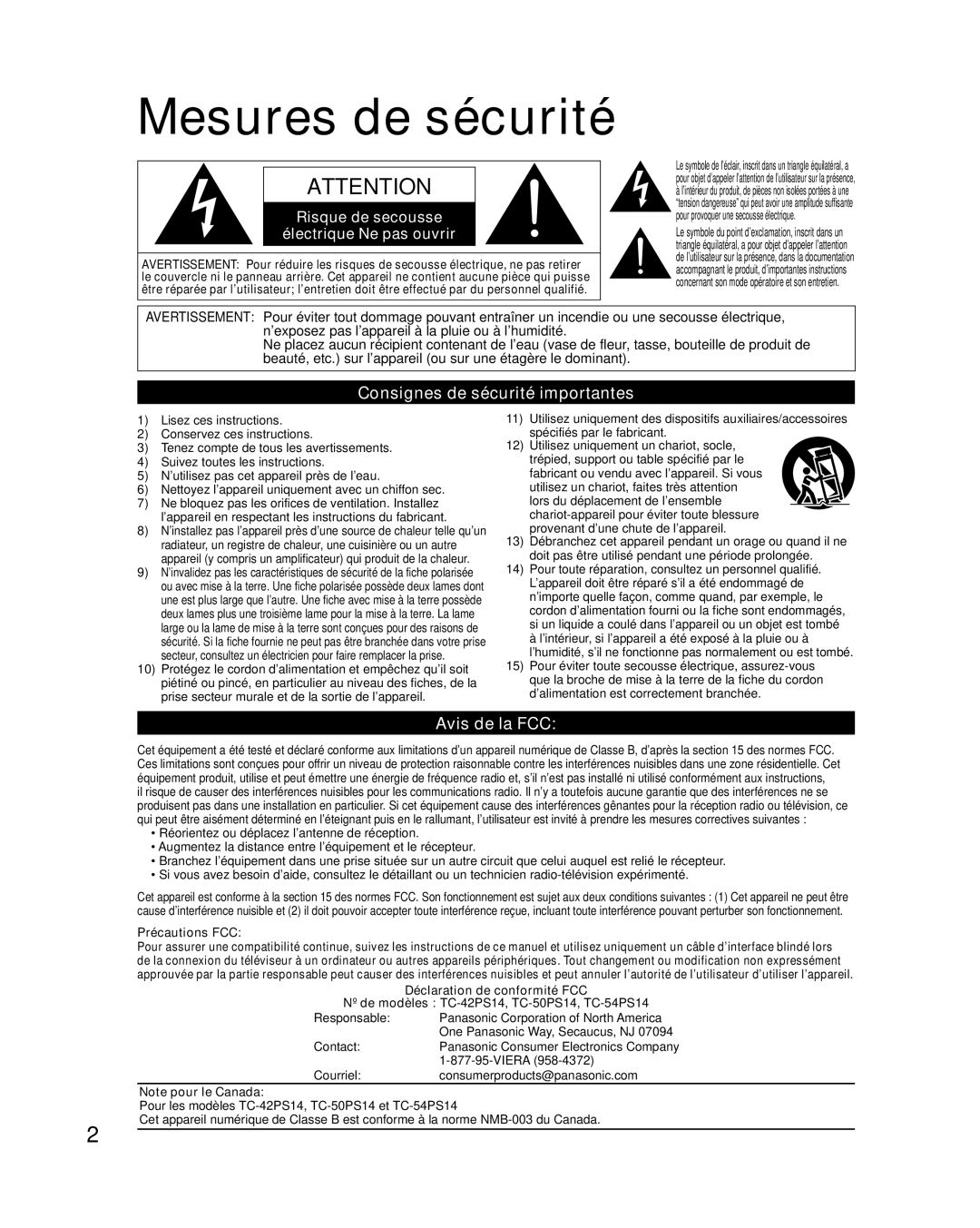 Panasonic TQB2AA0814-2 warranty Mesures de sécurité, Consignes de sécurité importantes, Avis de la FCC, Précautions FCC 