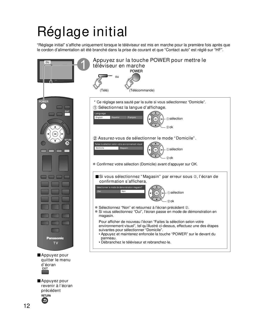 Panasonic TQB2AA0814-2 Réglage initial, Sélectionnez la langue d’affichage, Assurez-vous de sélectionner le mode Domicile 