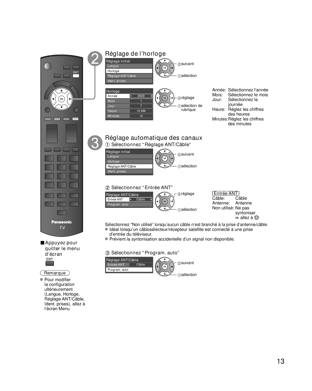 Panasonic TQB2AA0814-2 warranty Réglage de l’horloge, Réglage automatique des canaux 