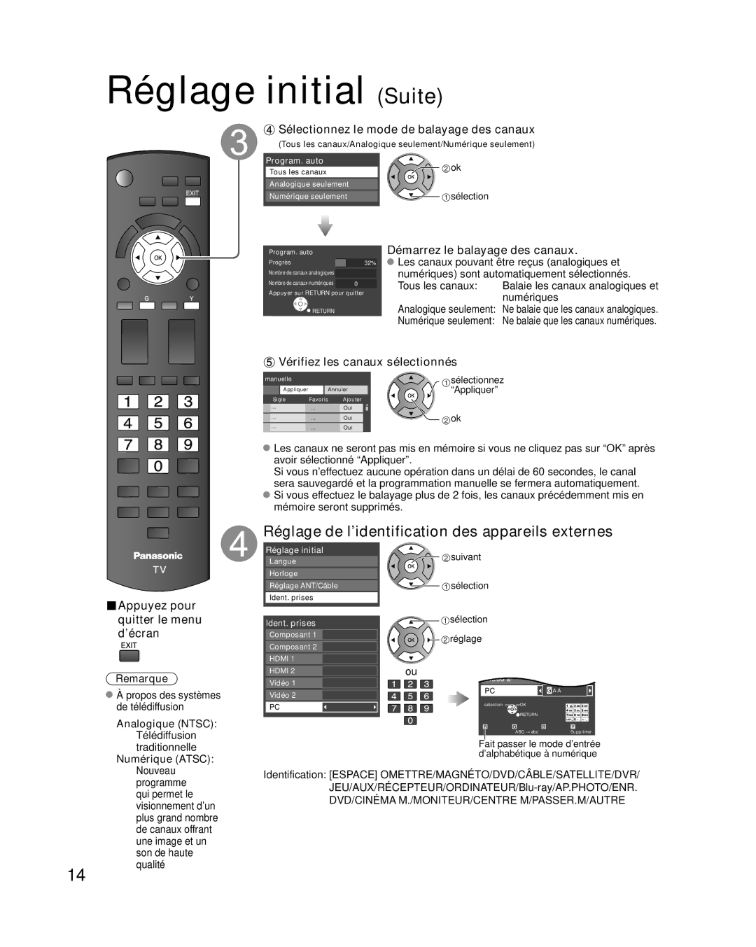 Panasonic TQB2AA0814-2 warranty Réglage initial Suite, Réglage de l’identification des appareils externes, Analogique Ntsc 