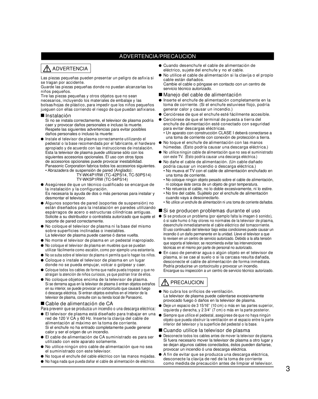 Panasonic TQB2AA0814-2 warranty Instalación, Cable de alimentación de CA, Manejo del cable de alimentación 