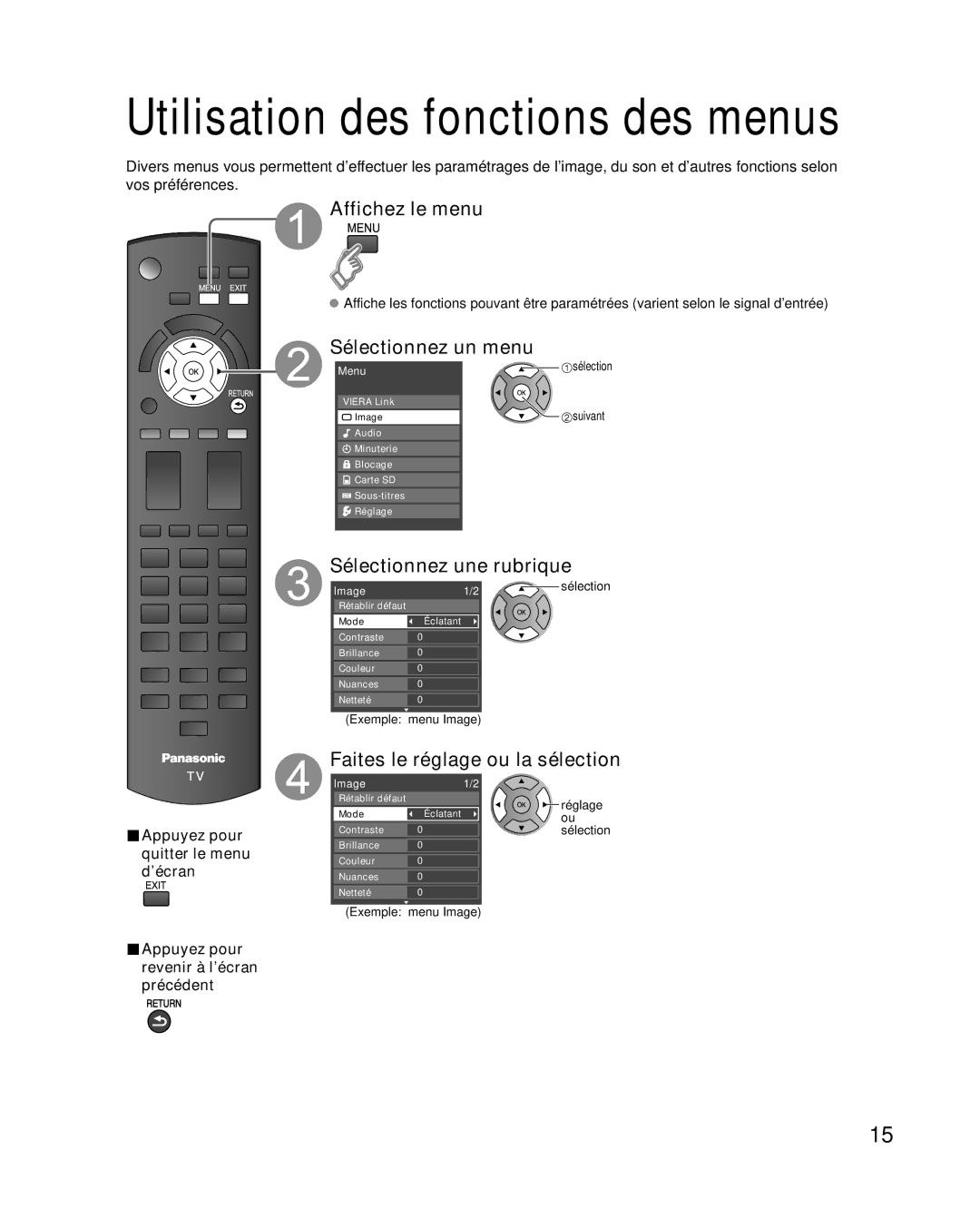 Panasonic TQB2AA0814-2 warranty Affichez le menu, Sélectionnez un menu, Sélectionnez une rubrique 