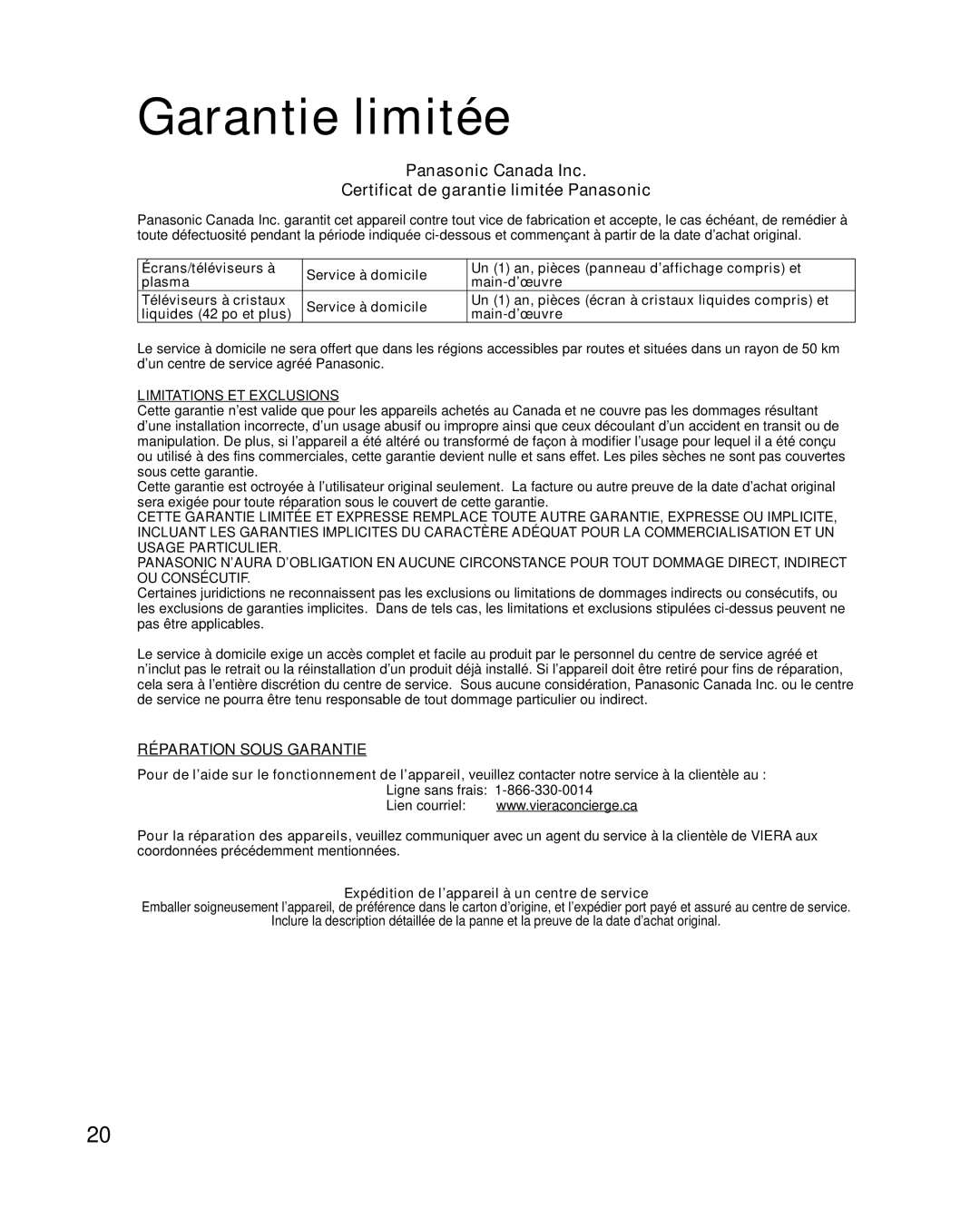 Panasonic TQB2AA0814-2 warranty Garantie limitée, Expédition de l’appareil à un centre de service 