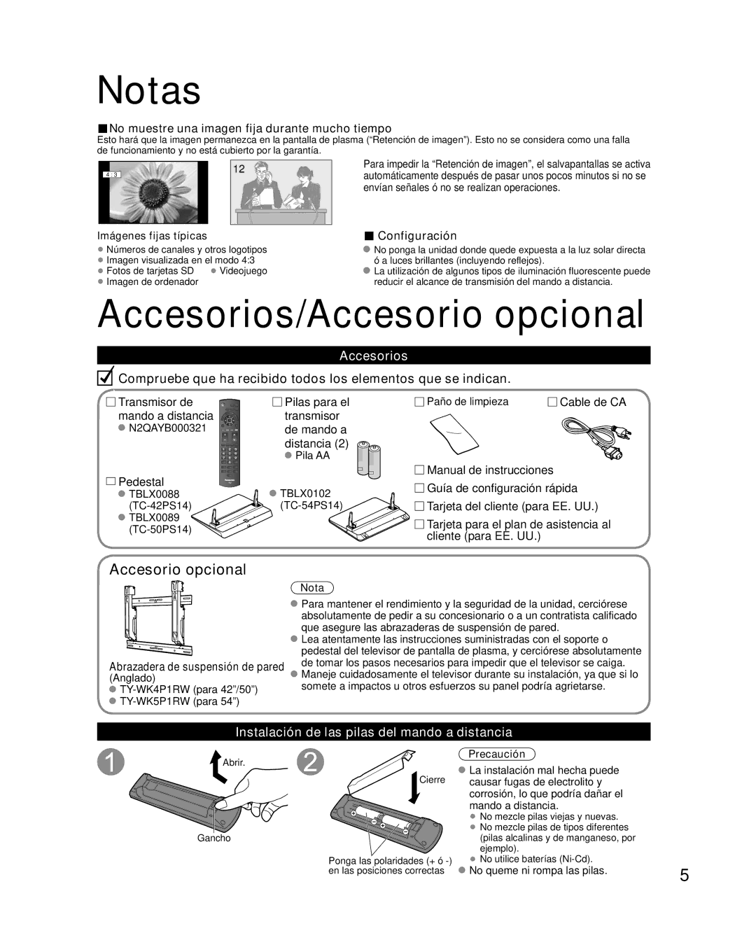 Panasonic TQB2AA0814-2 warranty Notas, Accesorios/Accesorio opcional, Instalación de las pilas del mando a distancia 