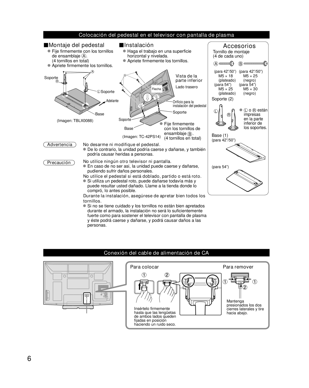 Panasonic TQB2AA0814-2 warranty Accesorios, Conexión del cable de alimentación de CA, Para colocar 