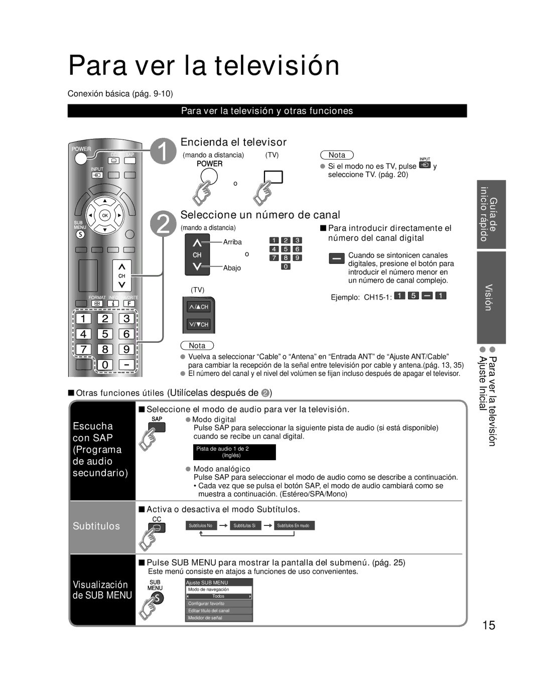 Panasonic TQB4GC0365-1 quick start Para ver la televisión, Encienda el televisor, Seleccione un número de canal, Subtitulos 