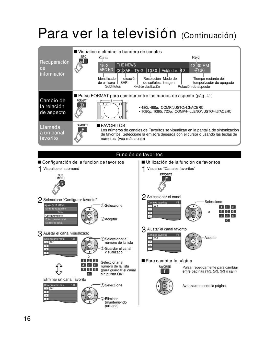 Panasonic TQB4GC0365-1 Para ver la televisión Continuación, Recuperación, Información, Llamada a un canal favorito 