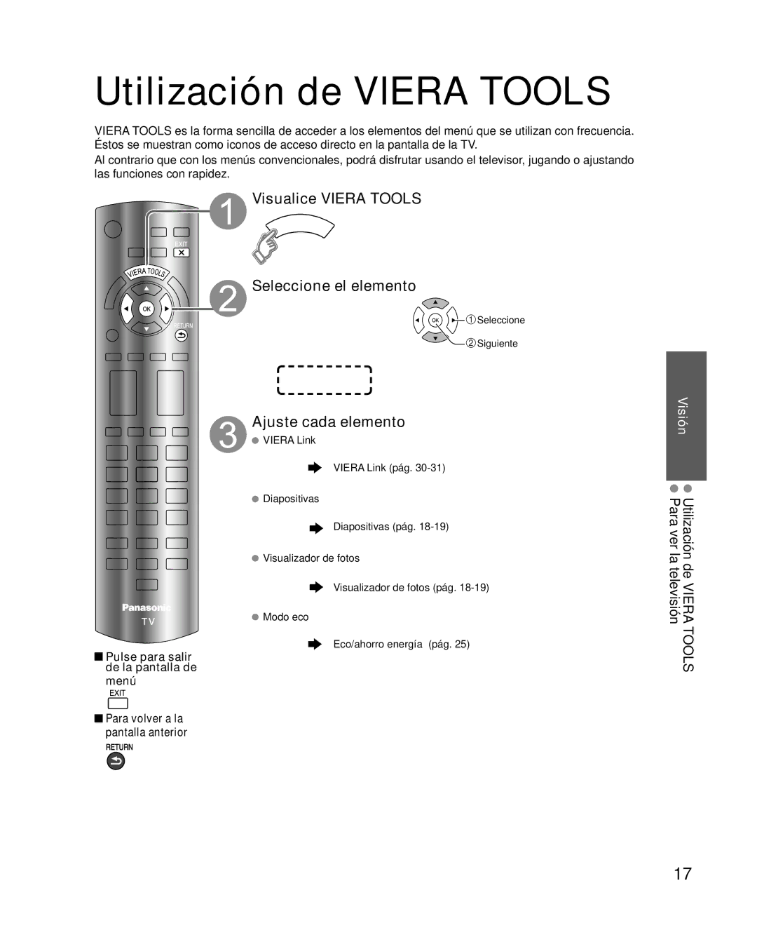 Panasonic TQB4GC0365-1 Utilización de Viera Tools, Visualice Viera Tools Seleccione el elemento, Ajuste cada elemento 