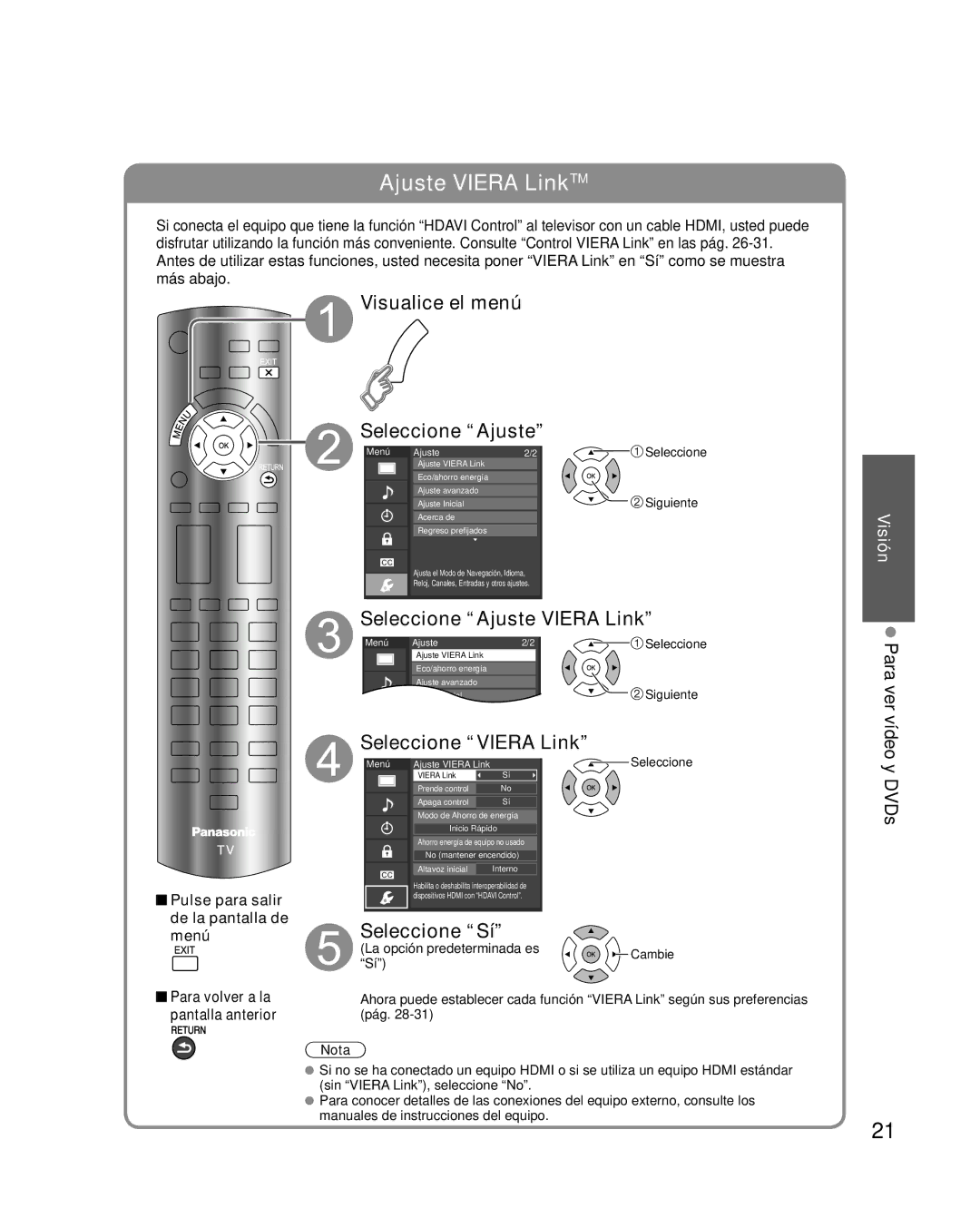 Panasonic TQB4GC0365-1 quick start Visualice el menú Seleccione Ajuste, Seleccione Ajuste Viera Link, Seleccione Viera Link 