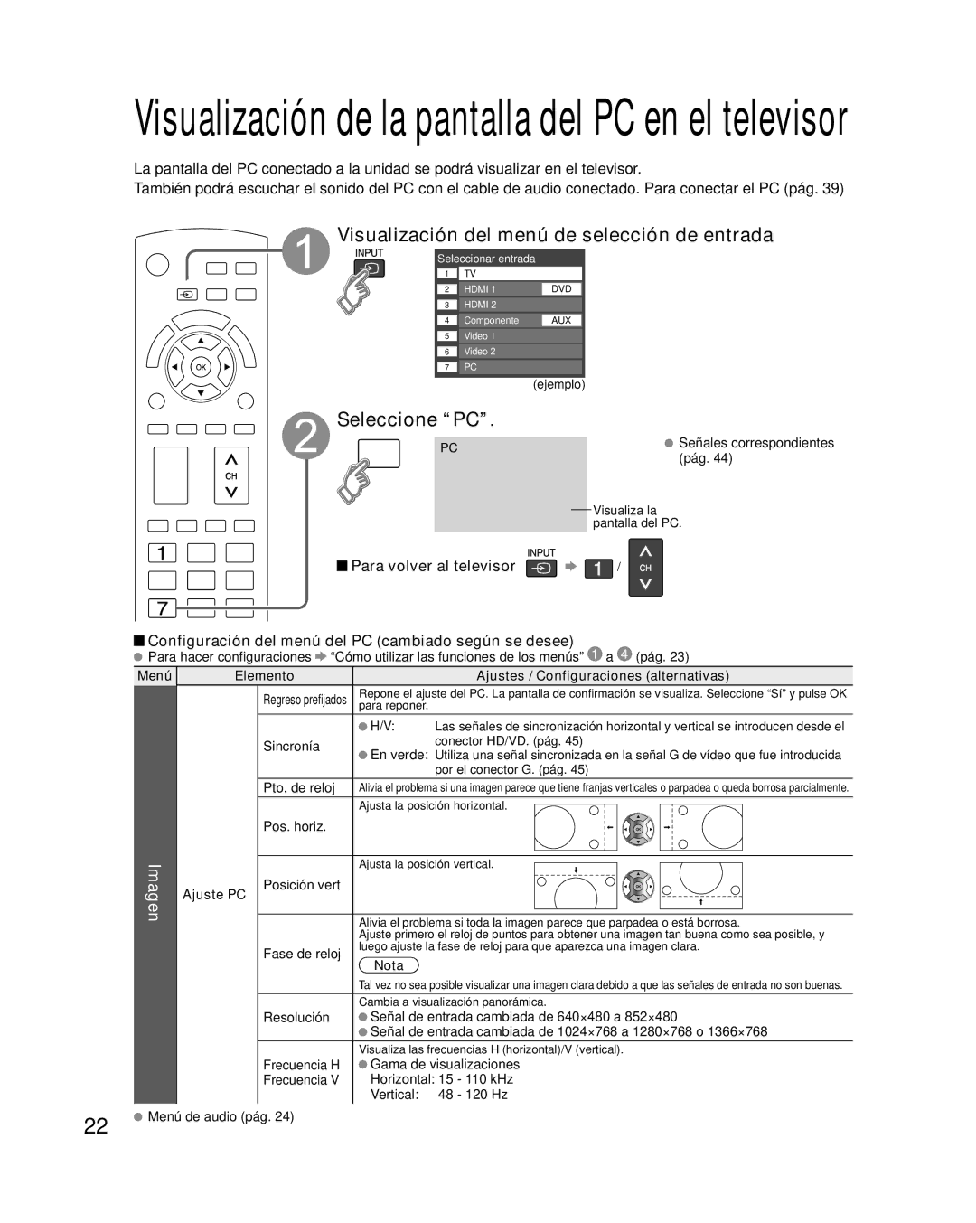 Panasonic TQB4GC0365-1 quick start Visualización del menú de selección de entrada, Seleccione PC, Ajuste PC 