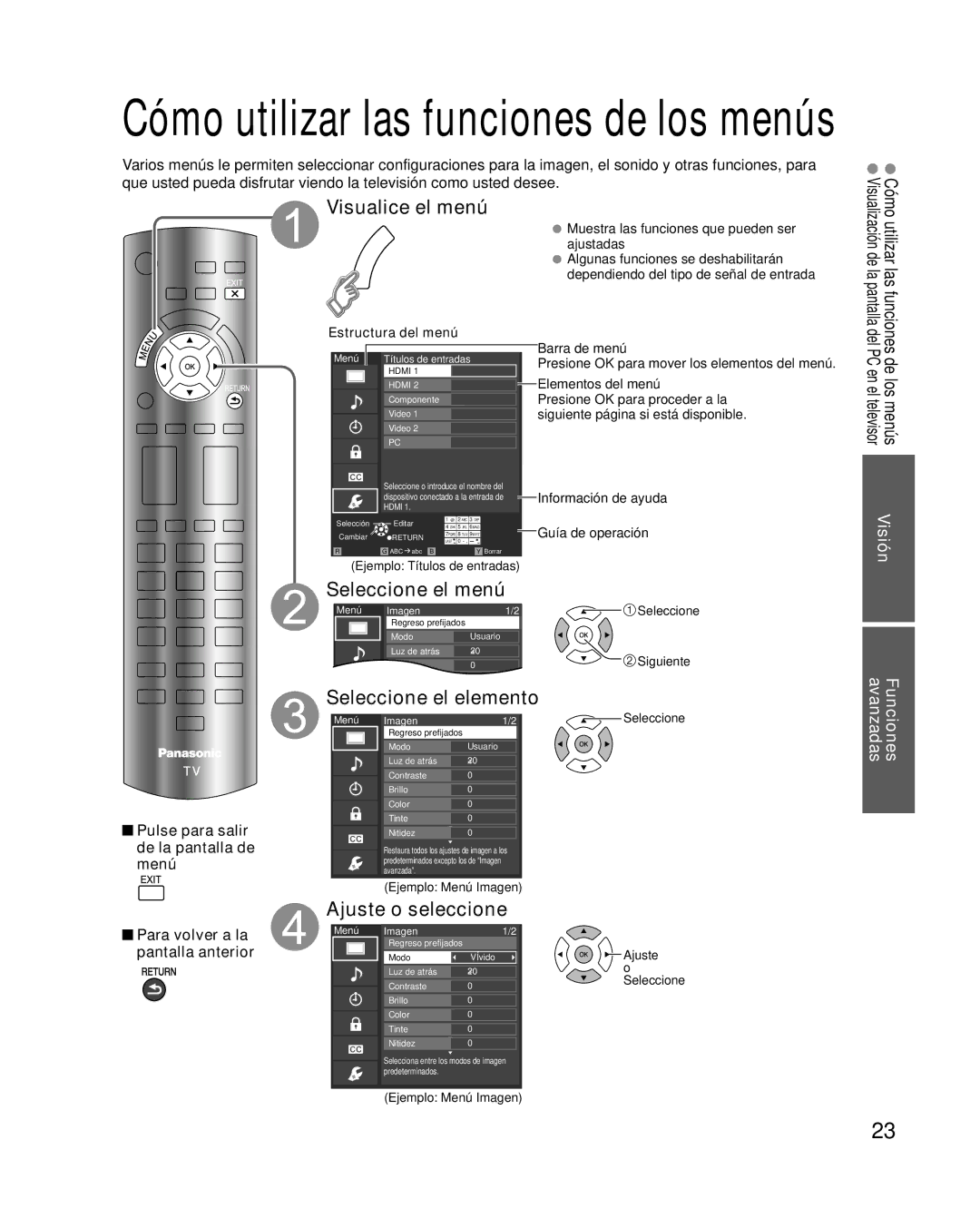 Panasonic TQB4GC0365-1 quick start Visualice el menú, Seleccione el menú, Ajuste o seleccione, Funciones avanzadas 