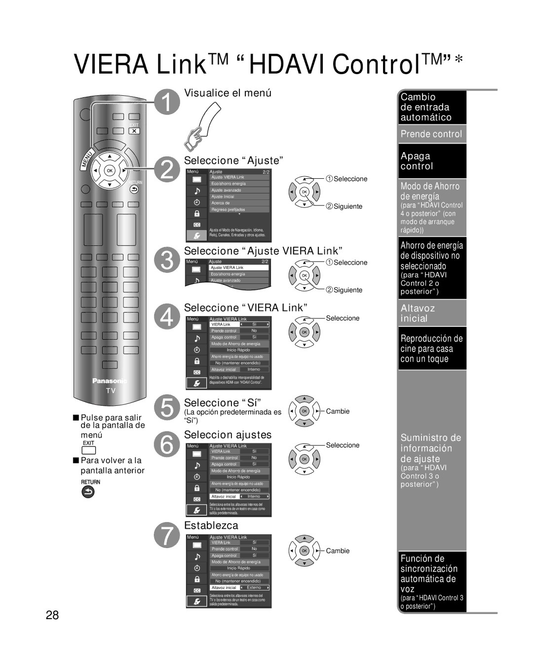 Panasonic TQB4GC0365-1 quick start Seleccion ajustes, Prende control, La opción predeterminada es Sí, Cambie Seleccione 