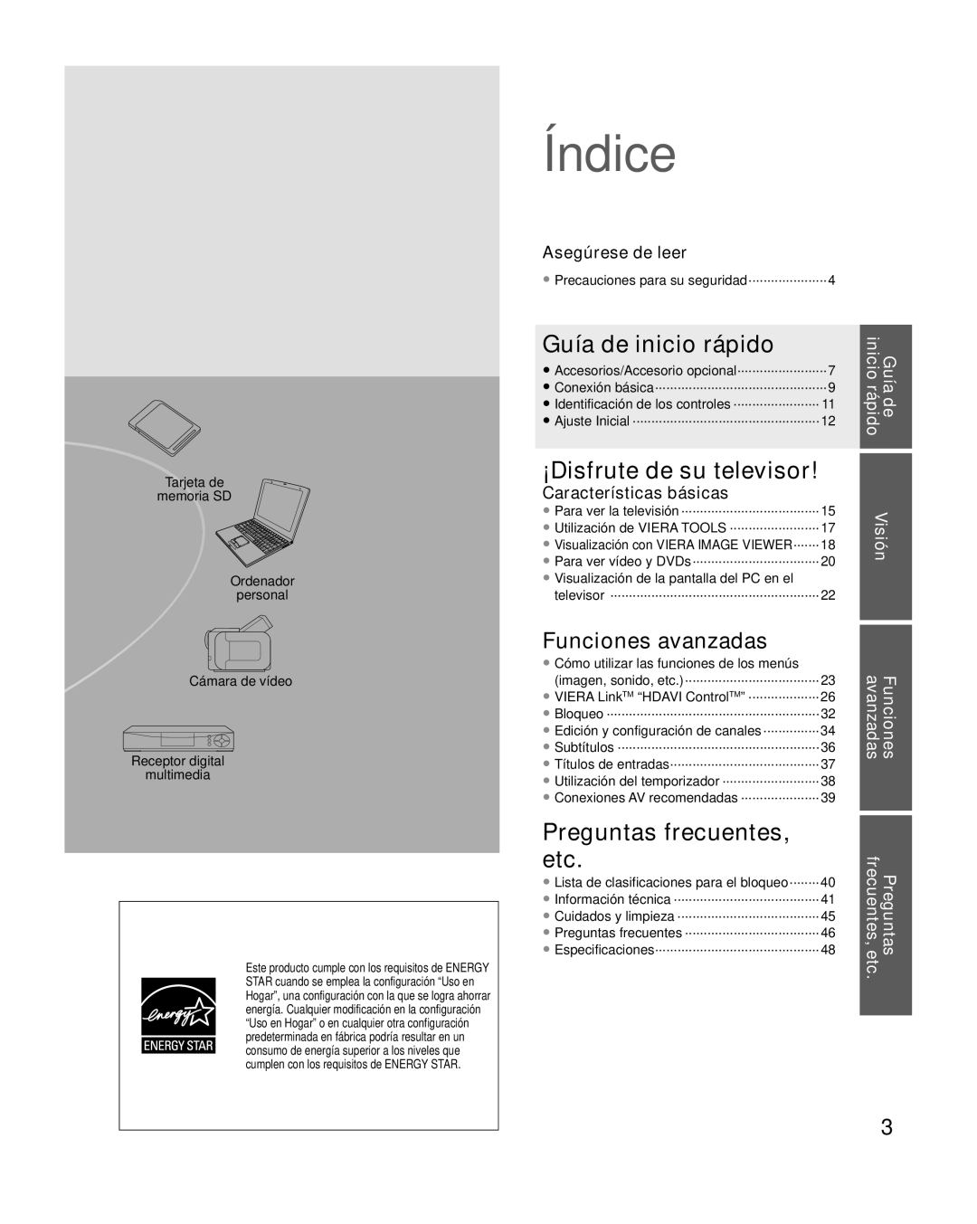 Panasonic TQB4GC0365-1 Precauciones para su seguridad·····················4, Visualización con Viera Image VIEWER·······18 