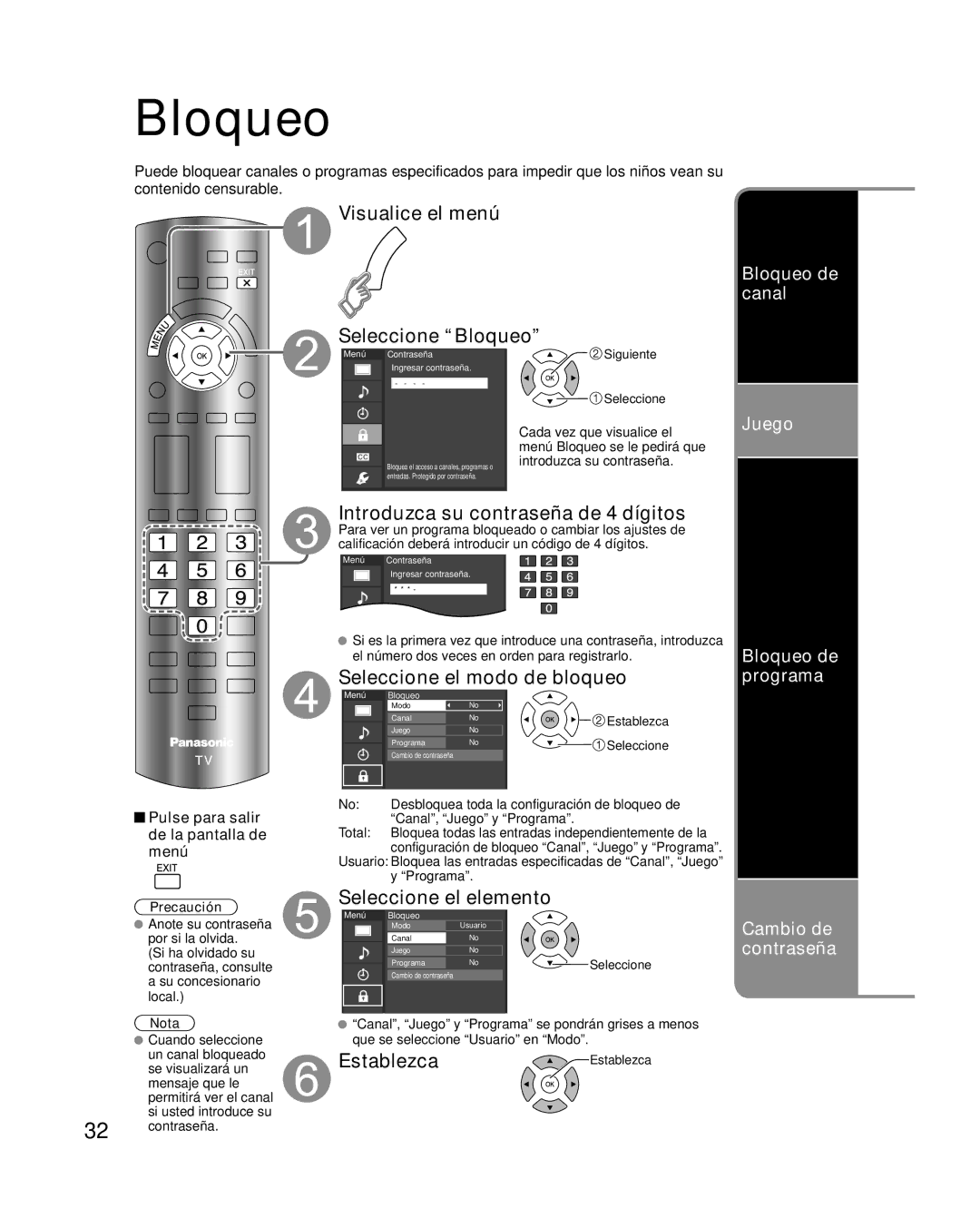 Panasonic TQB4GC0365-1 Seleccione Bloqueo, Introduzca su contraseña de 4 dígitos, Seleccione el modo de bloqueo 