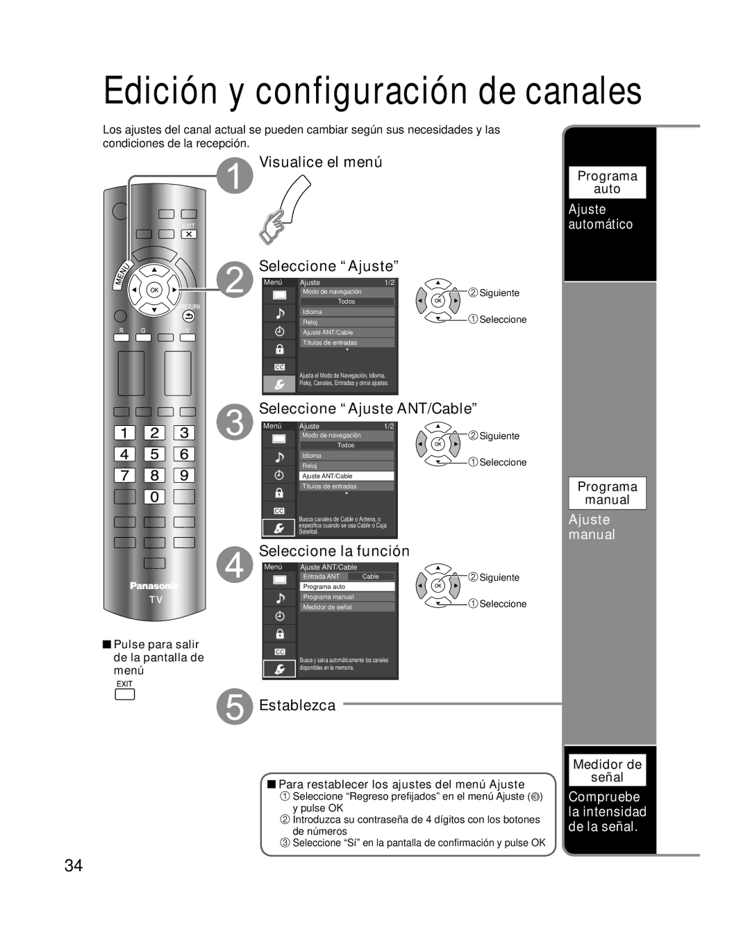 Panasonic TQB4GC0365-1 quick start Seleccione Ajuste ANT/Cable, Seleccione la función, Ajuste manual, Ajuste automático 