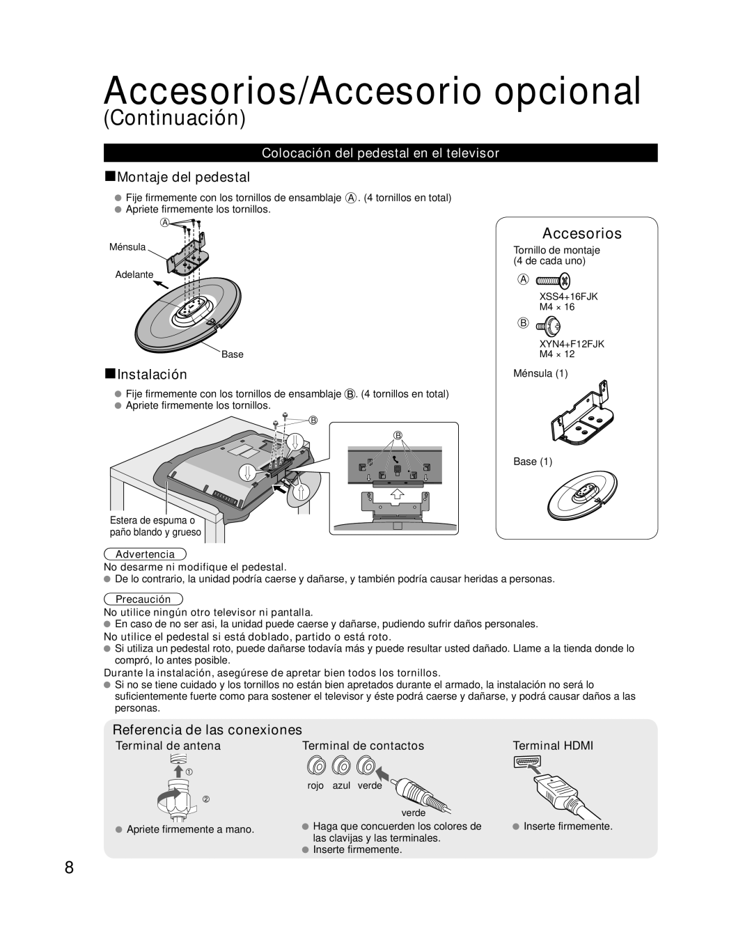 Panasonic TQB4GC0365-1 Colocación del pedestal en el televisor, Terminal de antena Terminal de contactos Terminal Hdmi 