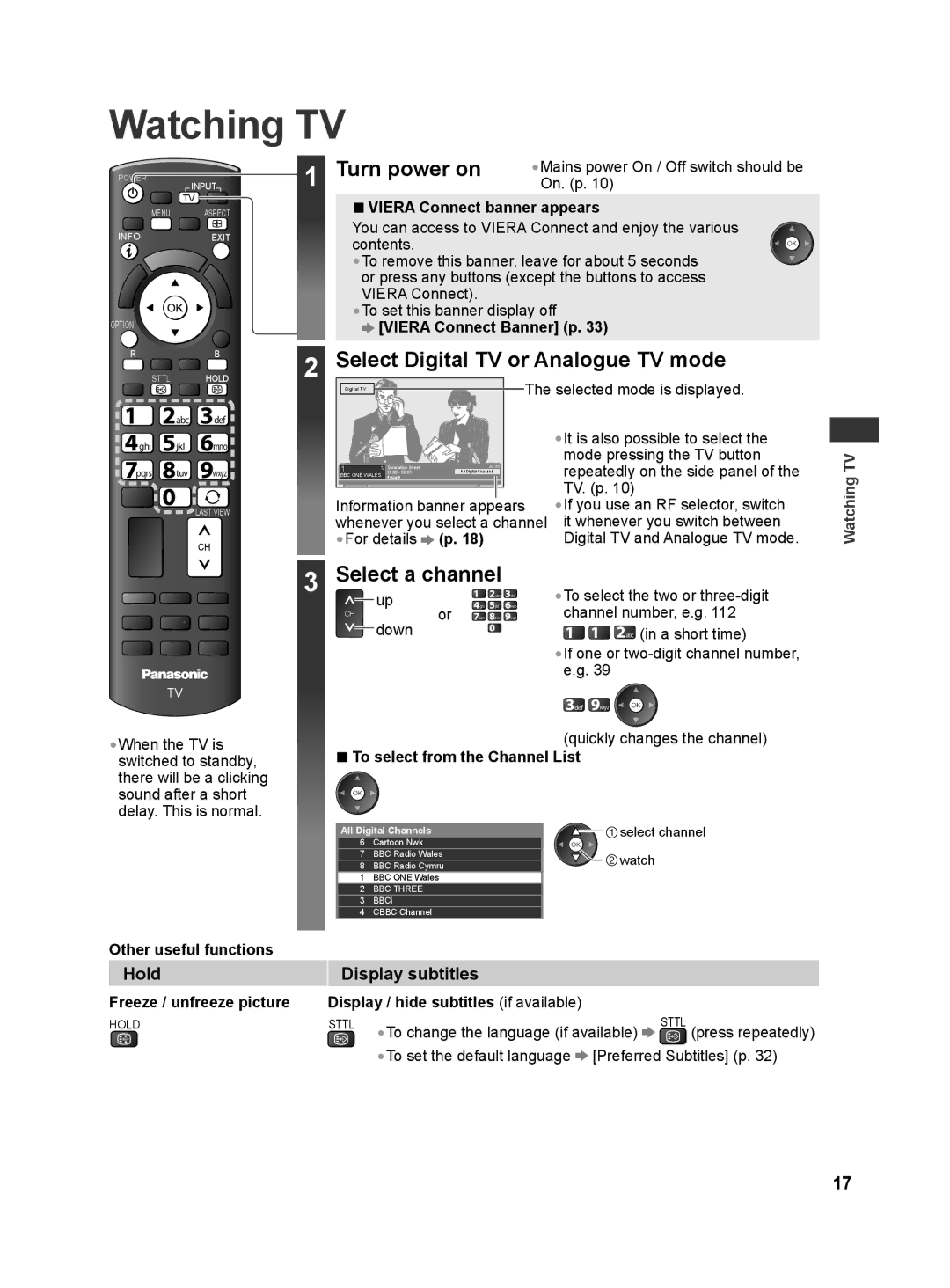 Panasonic TH-L42E30S, TQB4GC0625 manual Watching TV, Turn power on, Select Digital TV or Analogue TV mode, Select a channel 