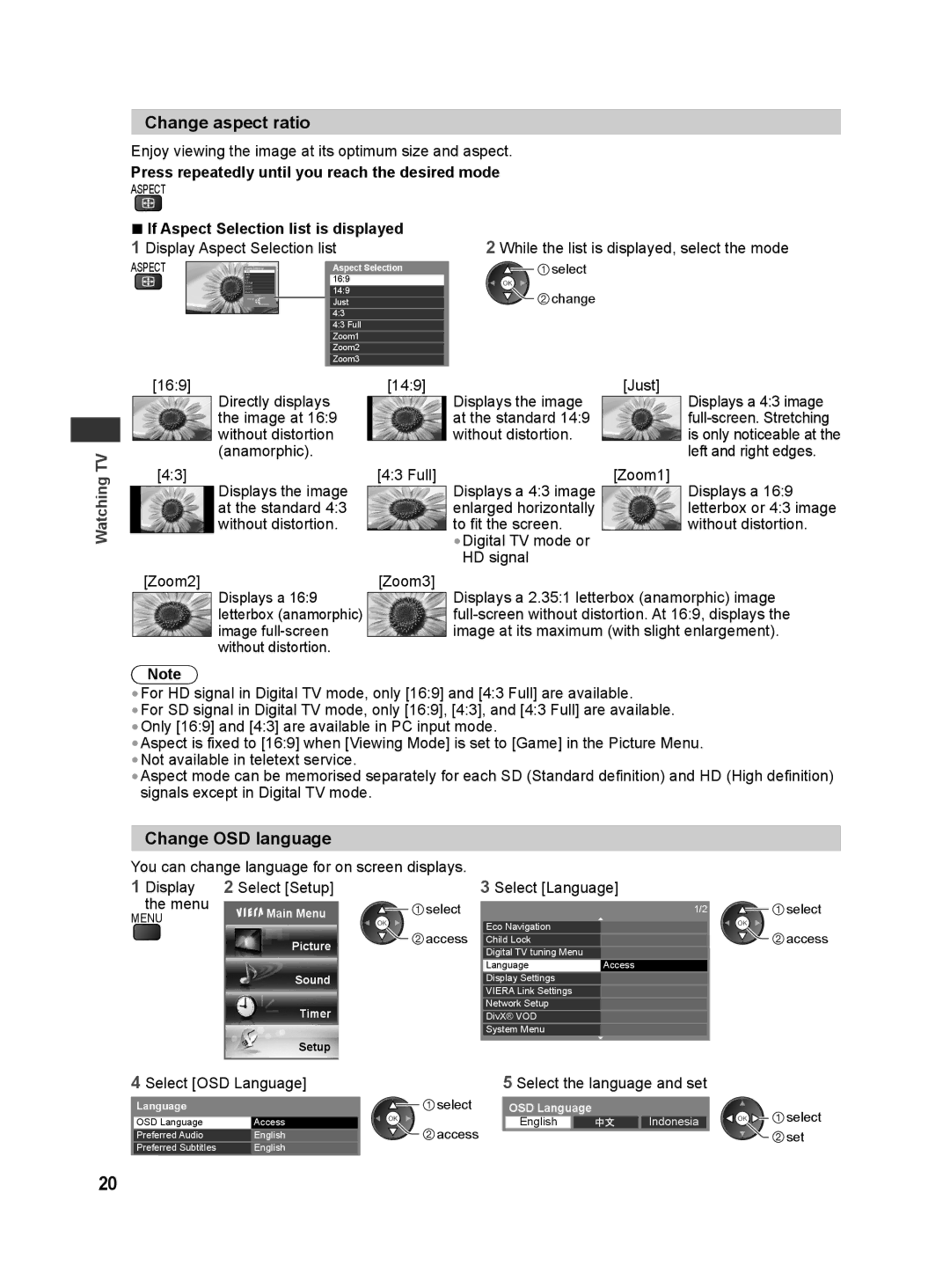 Panasonic TH-L42E30S manual Change aspect ratio, Change OSD language, Press repeatedly until you reach the desired mode 