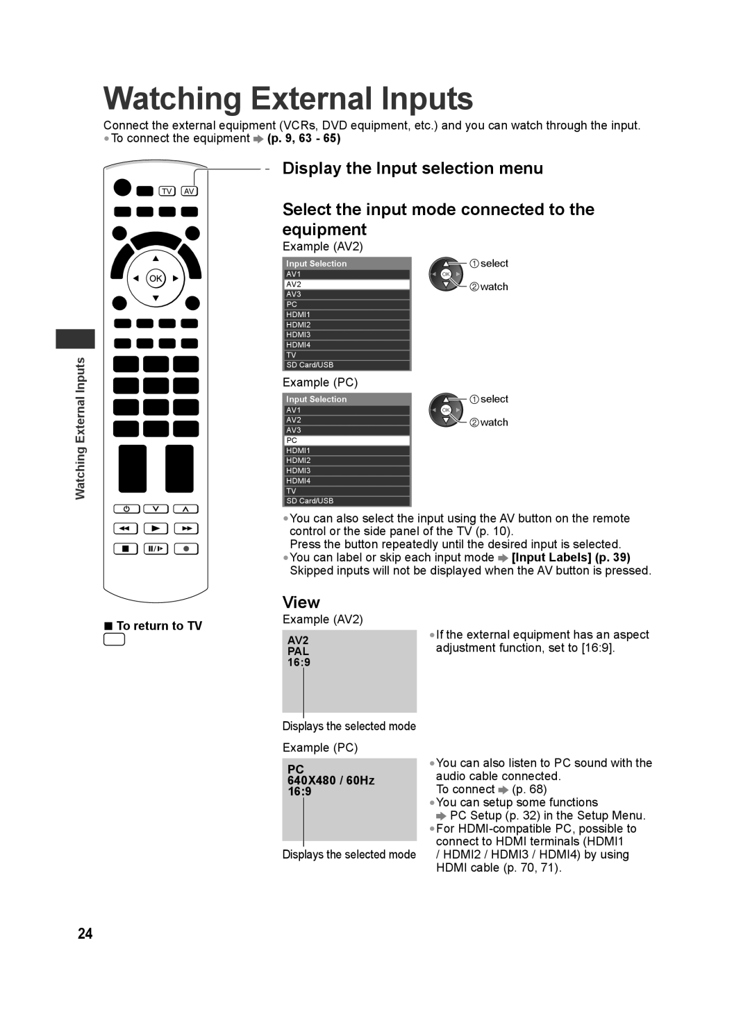 Panasonic TQB4GC0625, TH-L42E30G, TH-L42E30S manual Watching External Inputs, View 