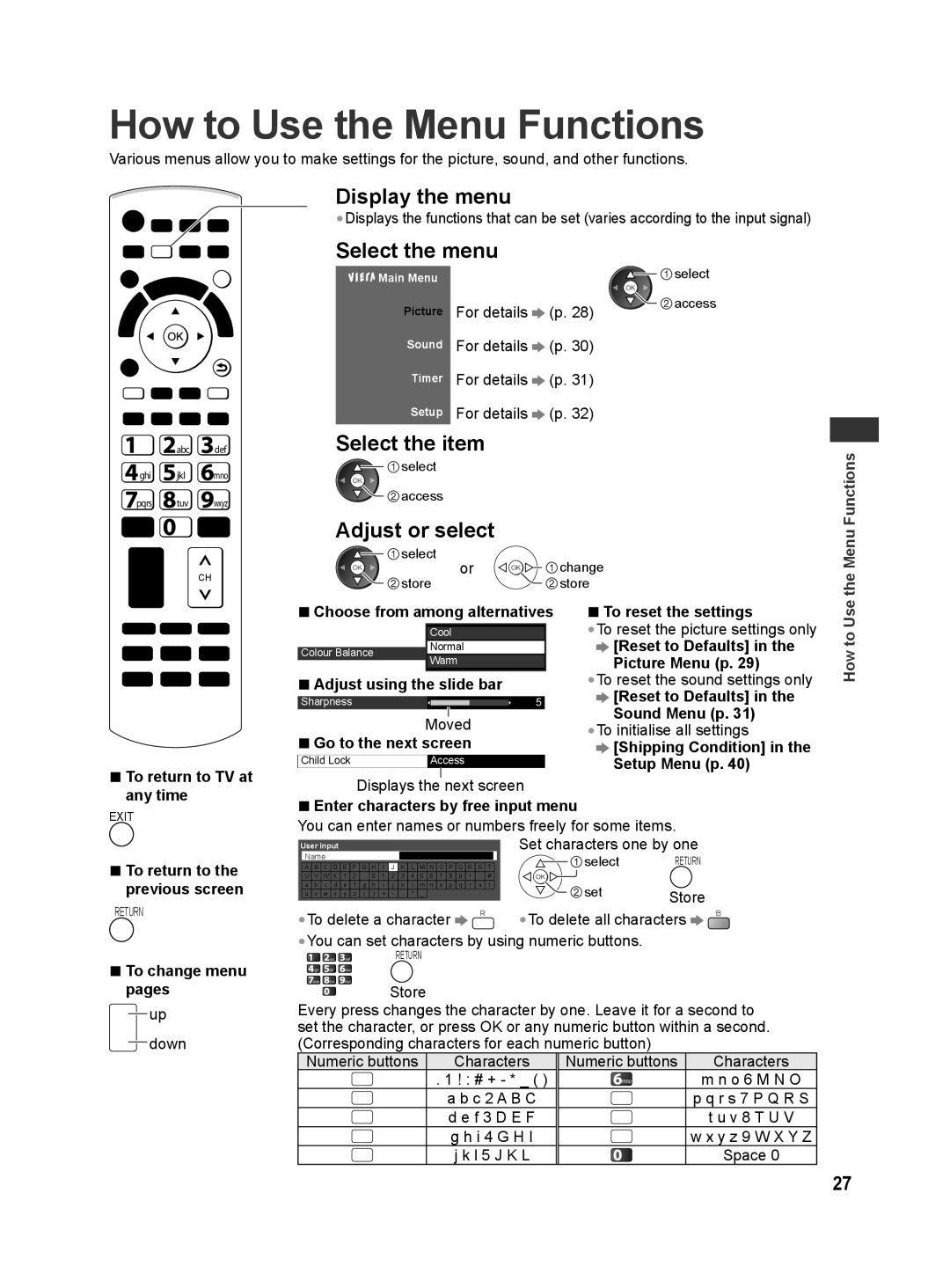 Panasonic TQB4GC0625 How to Use the Menu Functions, Display the menu, Select the menu, Select the item, Adjust or select 