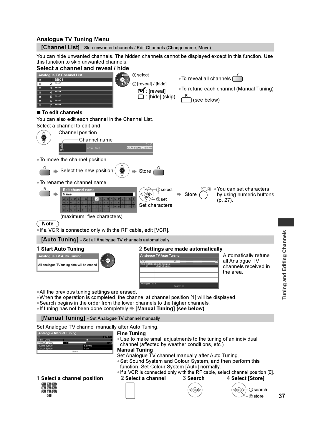 Panasonic TH-L42E30G, TQB4GC0625, TH-L42E30S manual Analogue TV Tuning Menu, Channels, Editing 