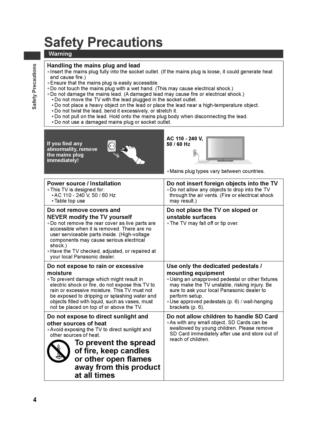 Panasonic TH-L42E30G, TQB4GC0625, TH-L42E30S Safety Precautions, Handling the mains plug and lead, AC 110 240 V, 50 / 60 Hz 