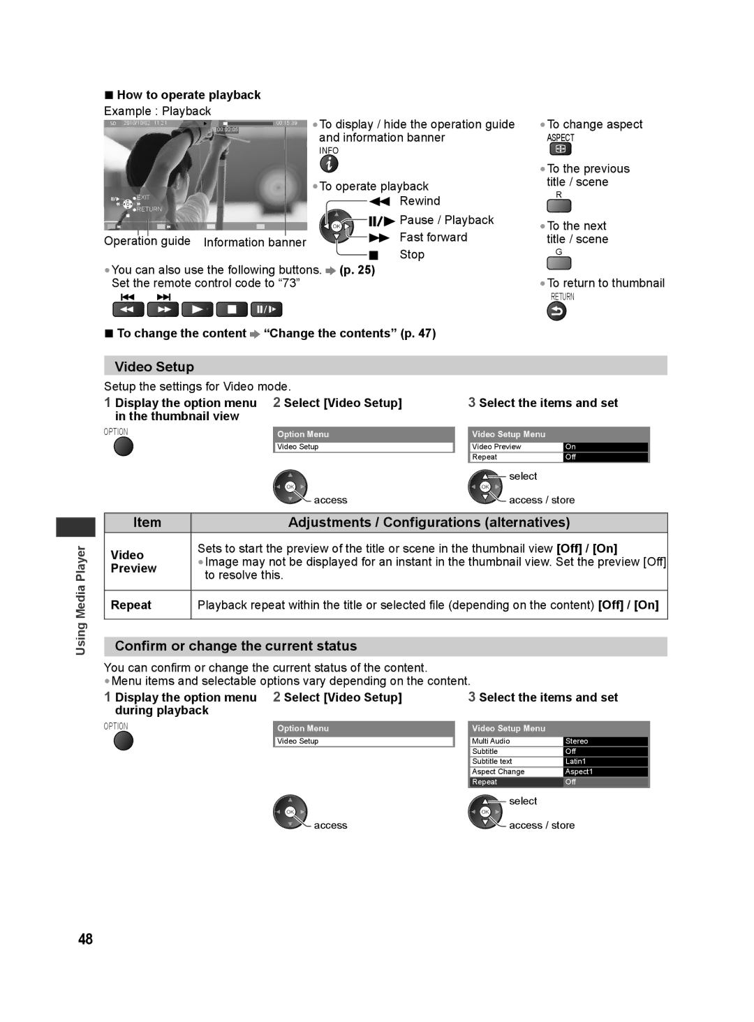 Panasonic TQB4GC0625, TH-L42E30G, TH-L42E30S manual Video Setup, Confirm or change the current status 