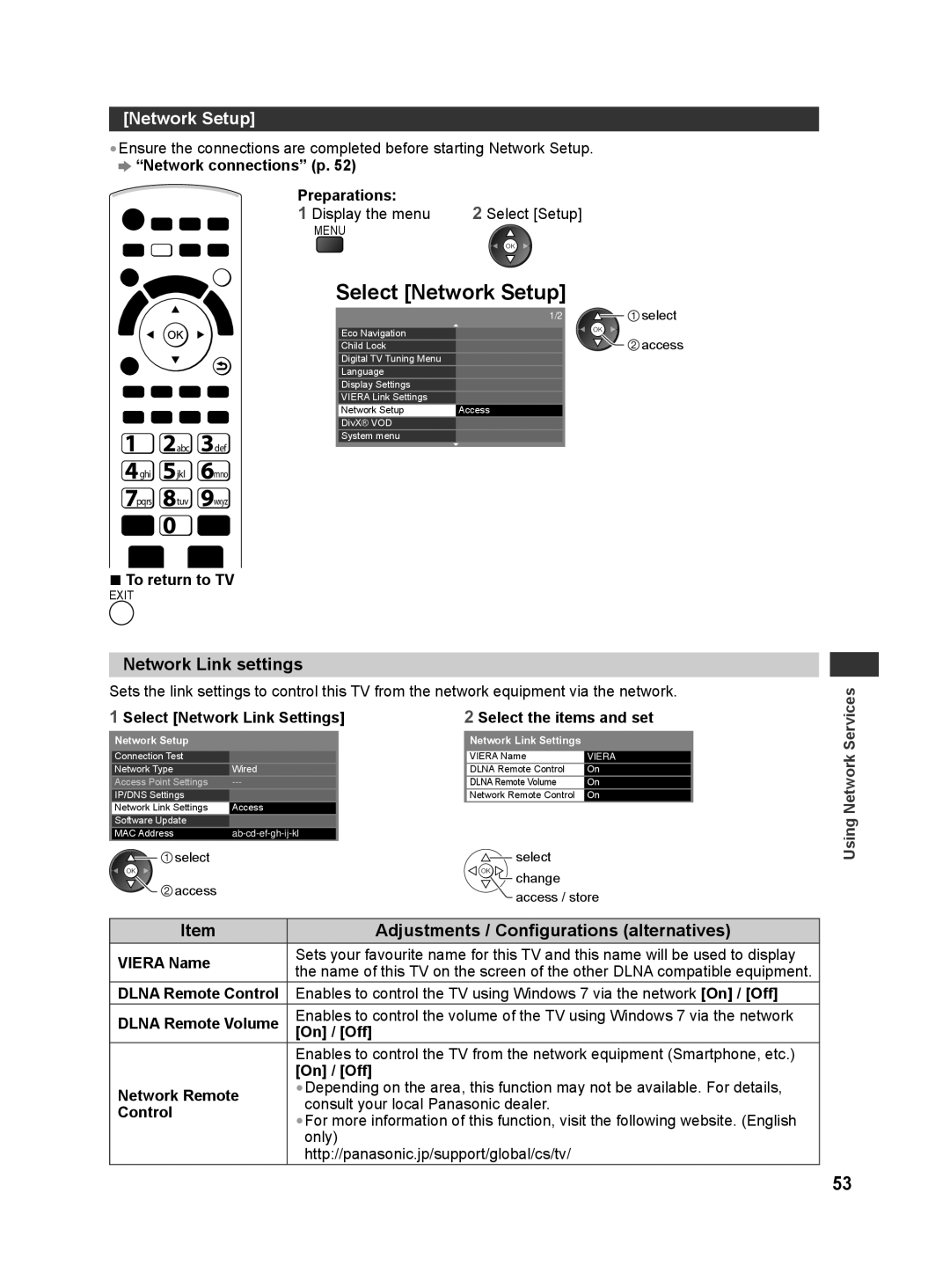 Panasonic TH-L42E30S Select Network Setup, Network Link settings, Select Network Link Settings Select the items and set 