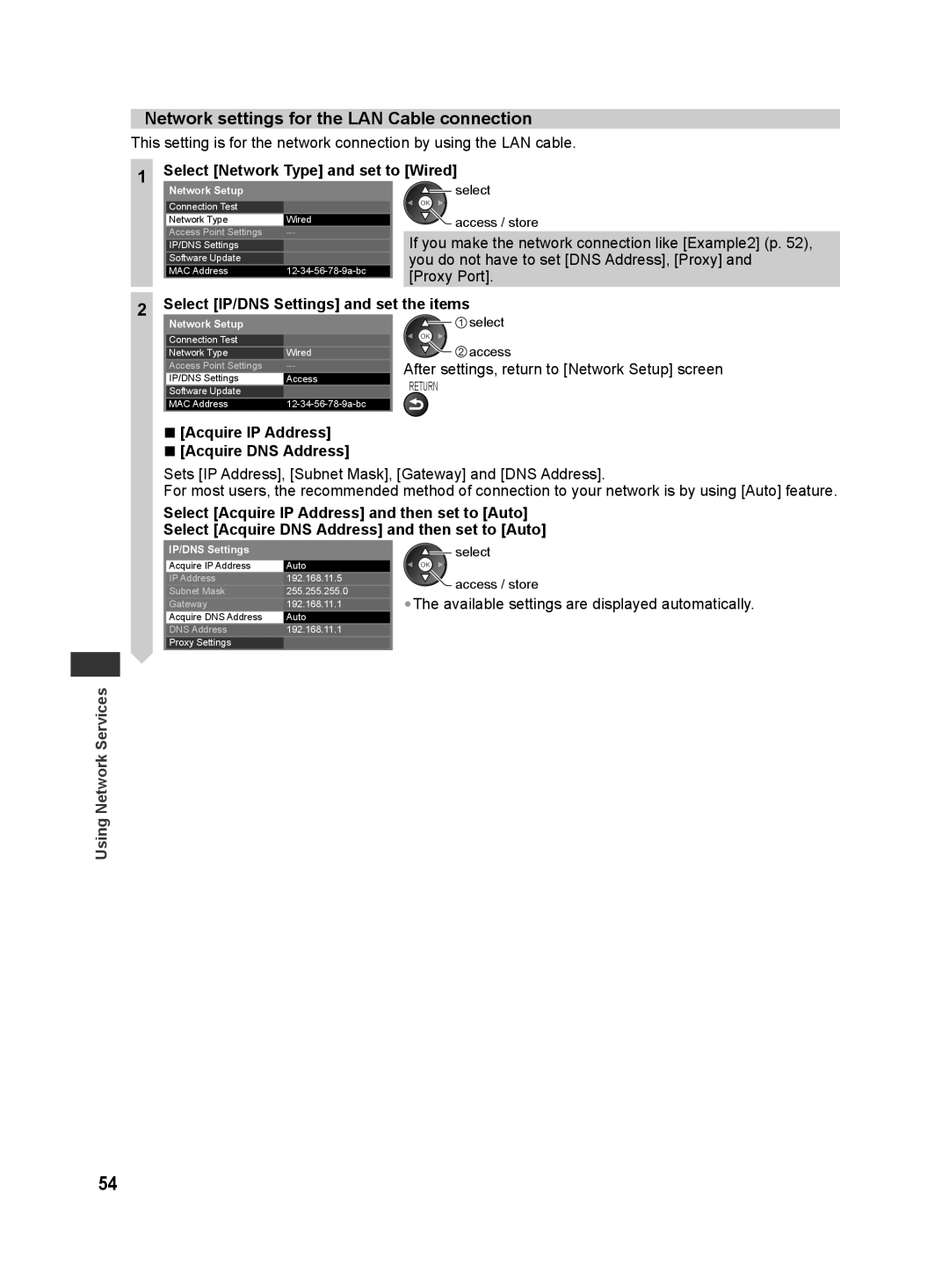 Panasonic TQB4GC0625 manual Network settings for the LAN Cable connection, Select Network Type and set to Wired, Items 