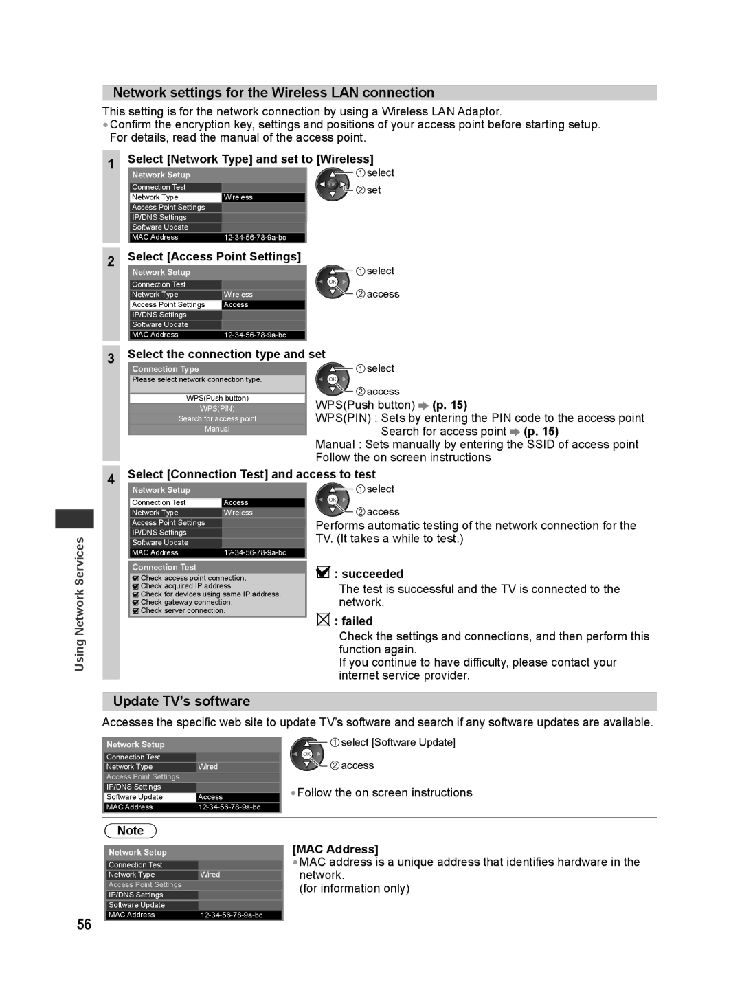 Panasonic TH-L42E30S Network settings for the Wireless LAN connection, Update TV’s software, Services, Set, Using Network 