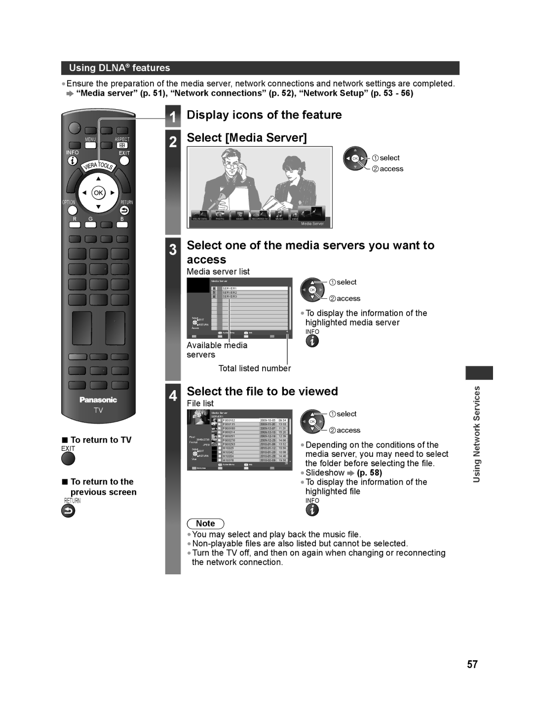 Panasonic TQB4GC0625 Display icons of the feature Select Media Server, Select one of the media servers you want to access 