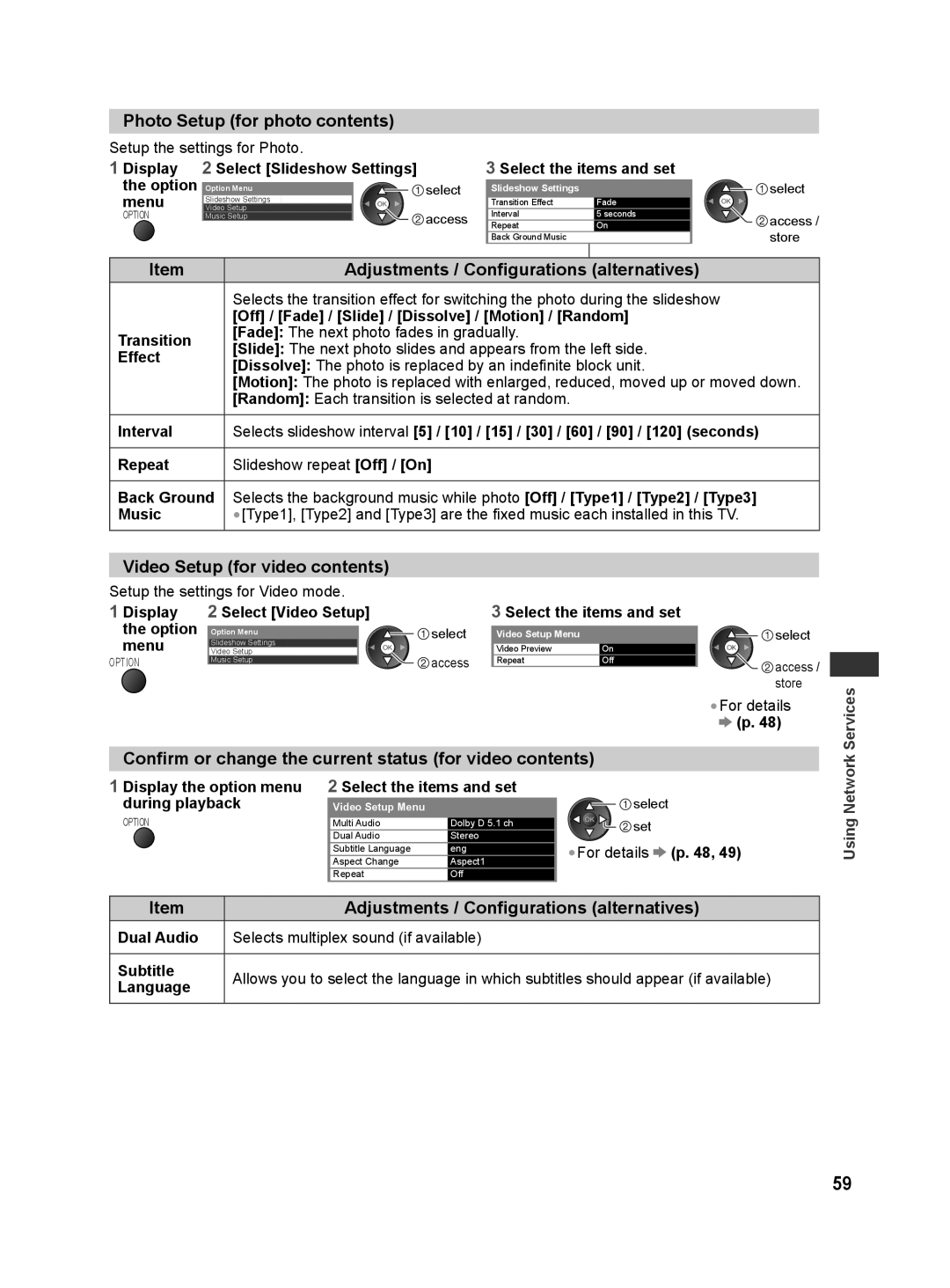 Panasonic TH-L42E30S, TQB4GC0625, TH-L42E30G manual Photo Setup for photo contents, Video Setup for video contents 