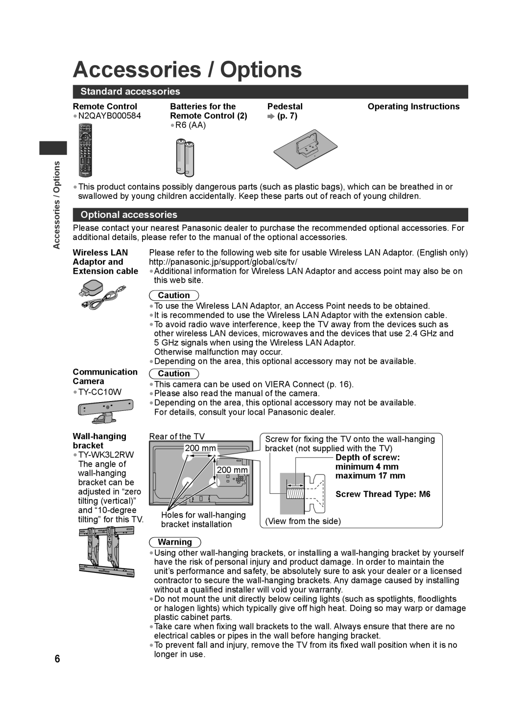 Panasonic TQB4GC0625, TH-L42E30G, TH-L42E30S manual Accessories / Options, Standard accessories, Optional accessories 