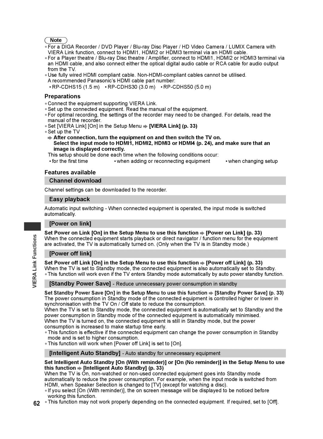 Panasonic TH-L42E30S manual Preparations, Features available Channel download, Easy playback, Power on link, Power off link 