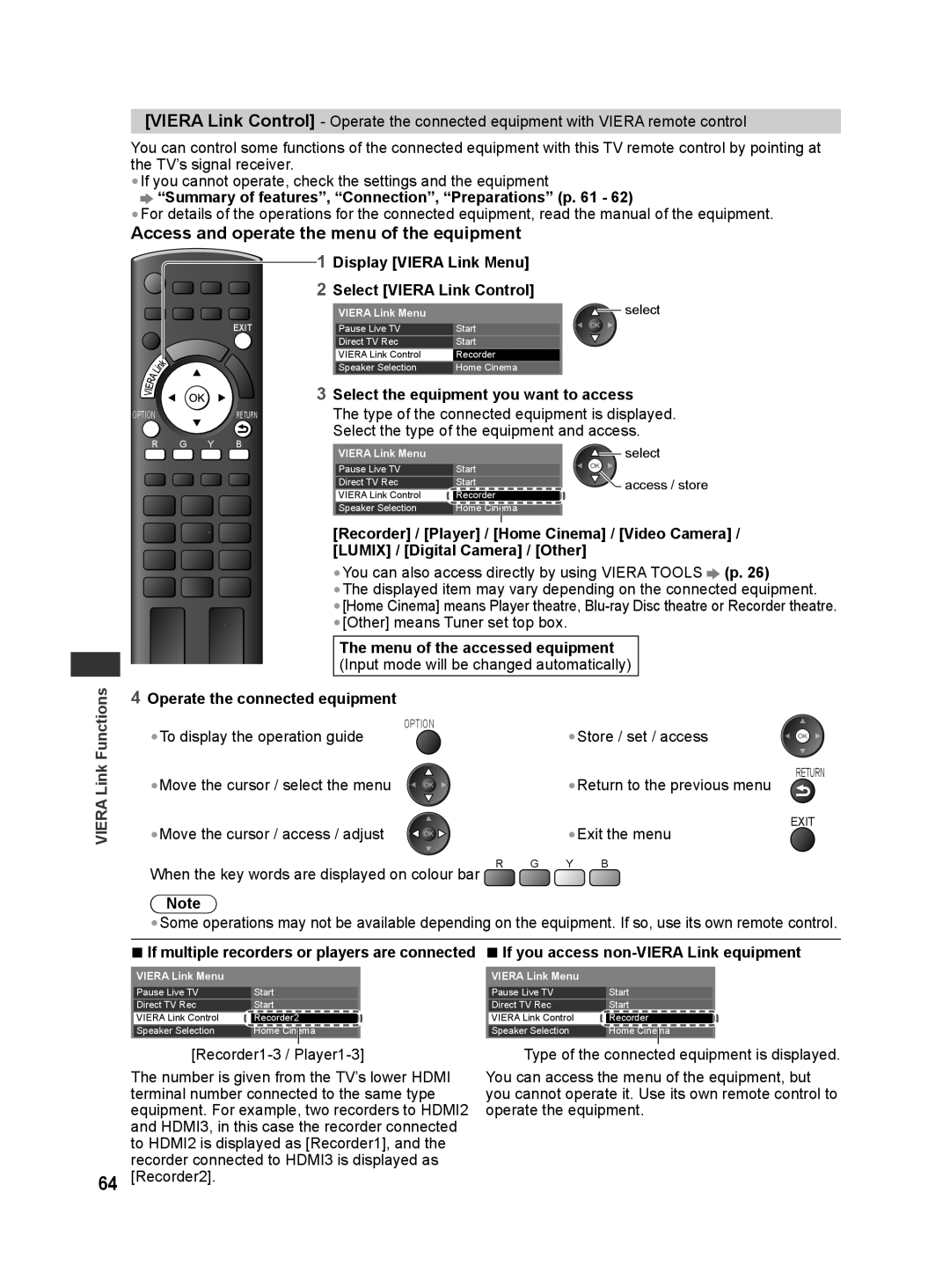 Panasonic TH-L42E30G Access and operate the menu of the equipment, Display Viera Link Menu, Select Viera Link Control 