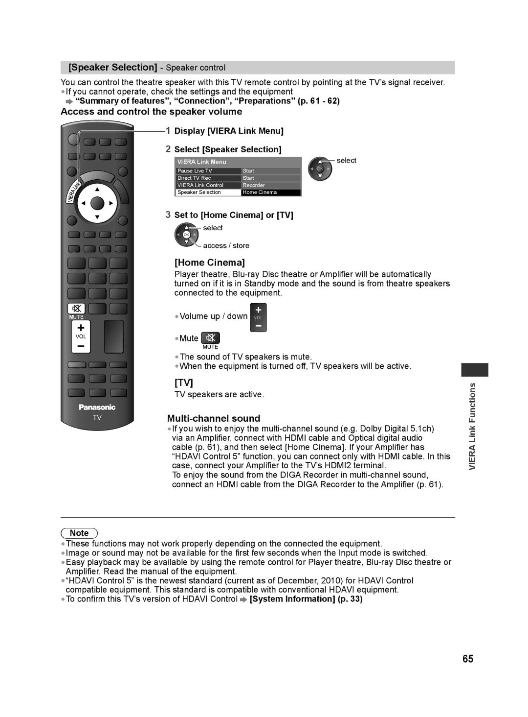 Panasonic TH-L42E30S, TQB4GC0625 Speaker Selection Speaker control, Access and control the speaker volume, Home Cinema 