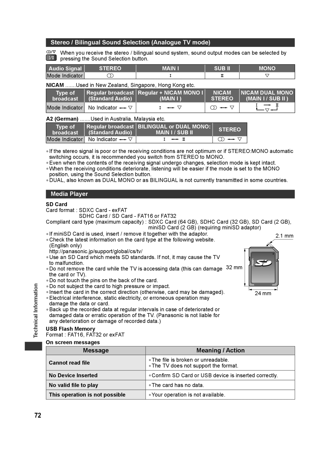 Panasonic TQB4GC0625 manual Stereo / Bilingual Sound Selection Analogue TV mode, Media Player, Message Meaning / Action 