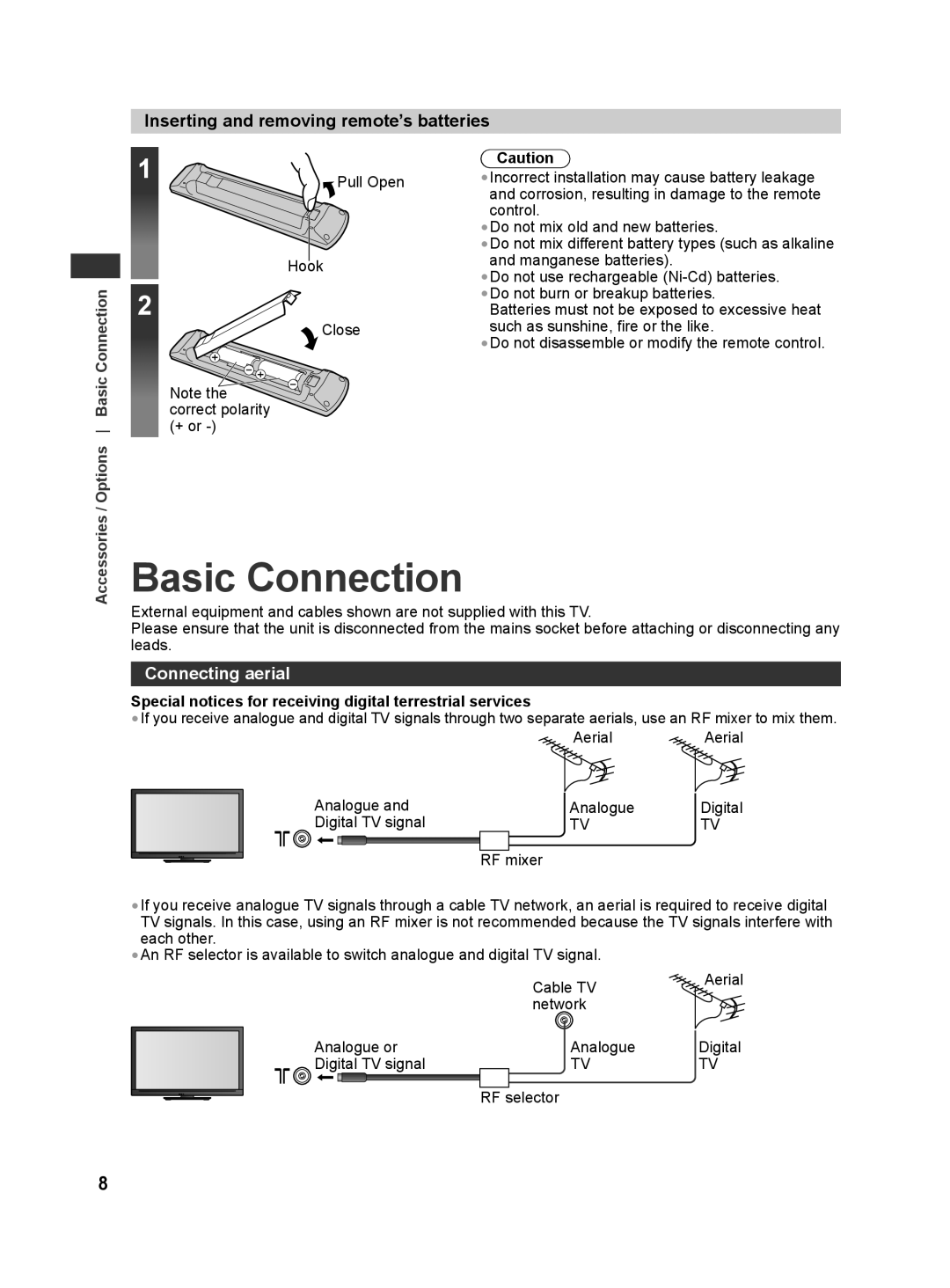 Panasonic TH-L42E30S, TQB4GC0625, TH-L42E30G Basic Connection, Inserting and removing remote’s batteries, Connecting aerial 