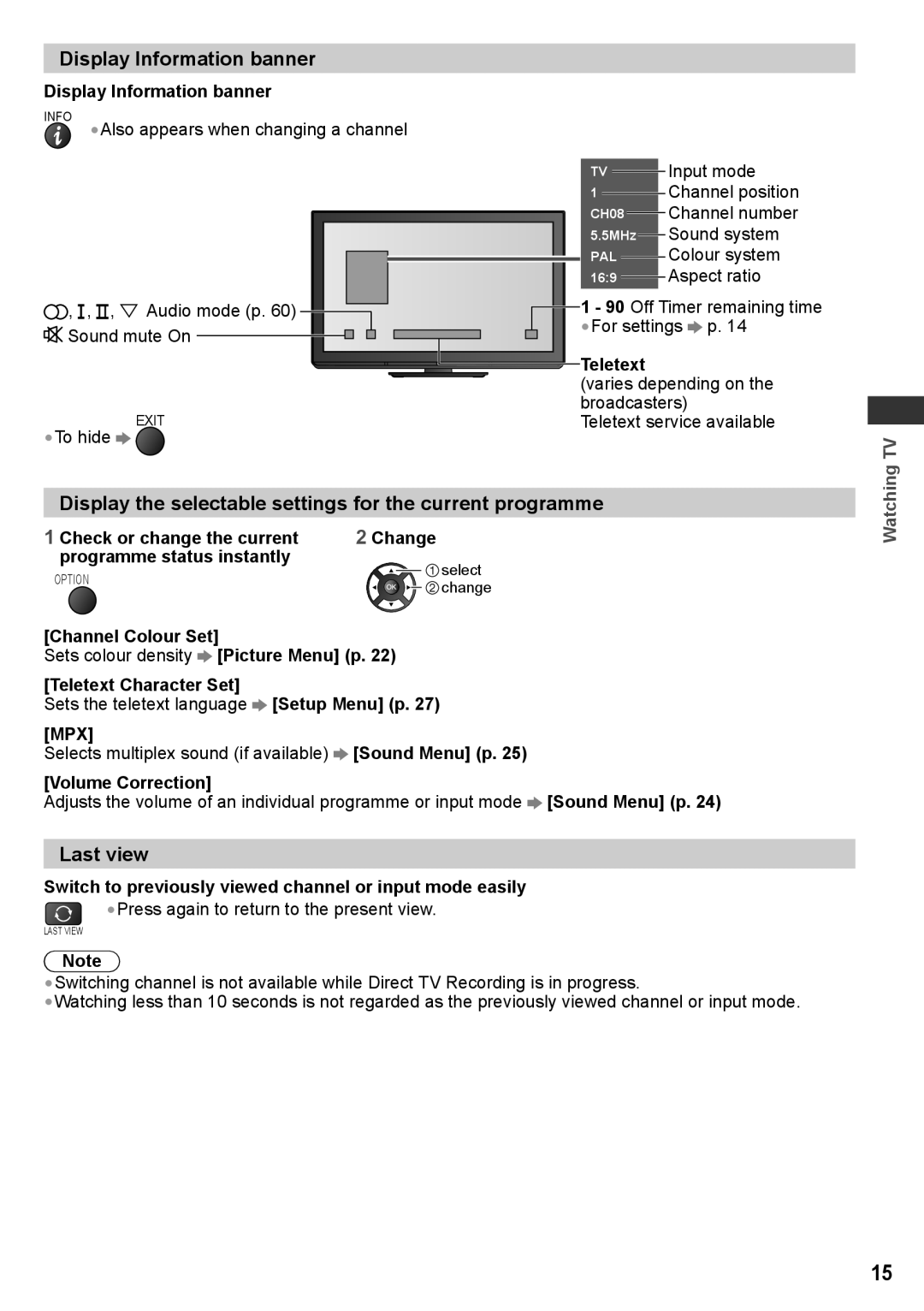 Panasonic TH-P42X30T Display Information banner, Display the selectable settings for the current programme, Last view 