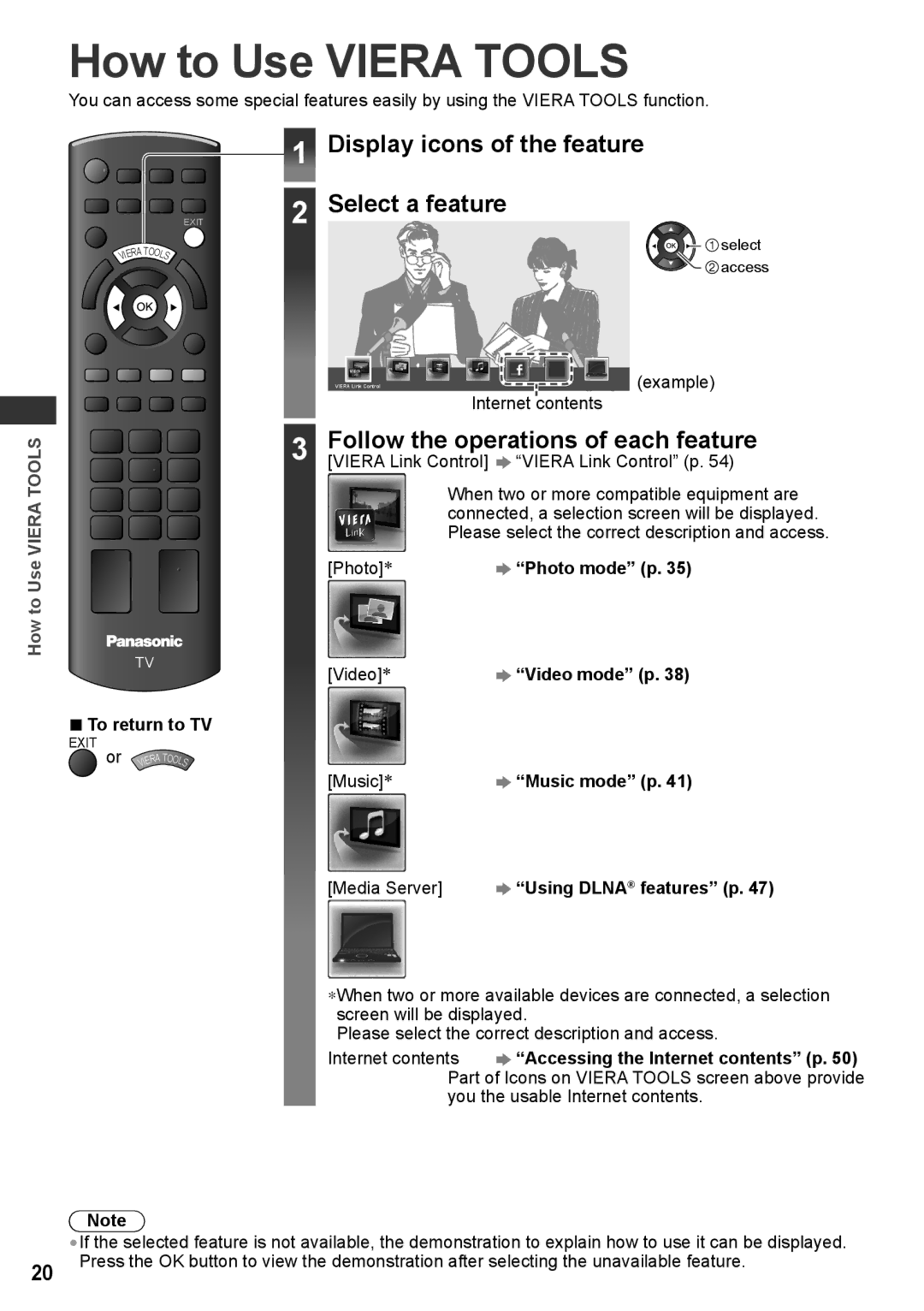 Panasonic TH-P42X30V, TQB4TC0027-1, TH-P50X30V How to Use Viera Tools, Display icons of the feature, Select a feature 