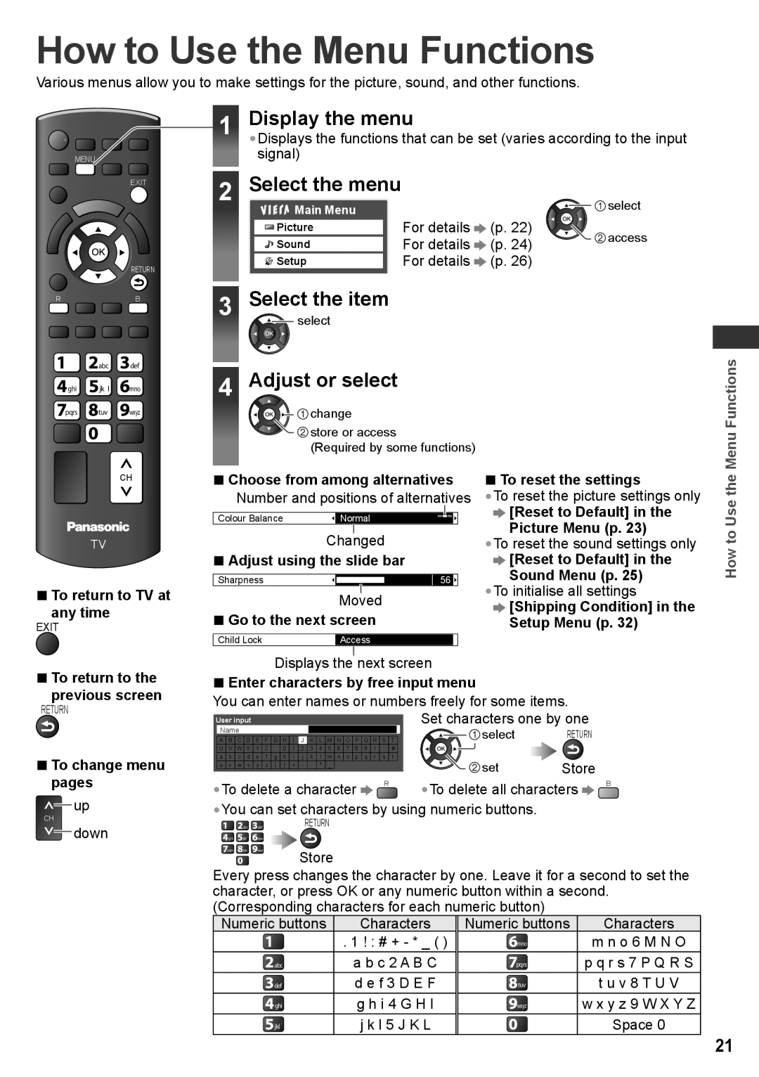 Panasonic TH-P42X30Q, TQB4TC0027-1 How to Use the Menu Functions, Display the menu, Select the item, Adjust or select 