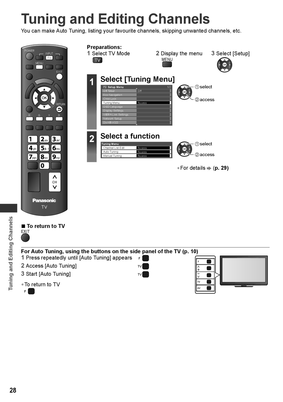 Panasonic TH-P50X30T, TQB4TC0027-1, TH-P50X30V, TH-P42X30V warranty Tuning and Editing Channels, Preparations, For details p 