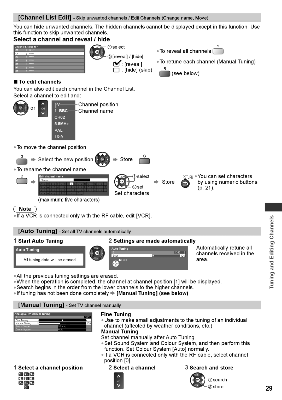 Panasonic TH-P42X30V, TQB4TC0027-1 Select a channel and reveal / hide, To edit channels, Start Auto Tuning, Fine Tuning 