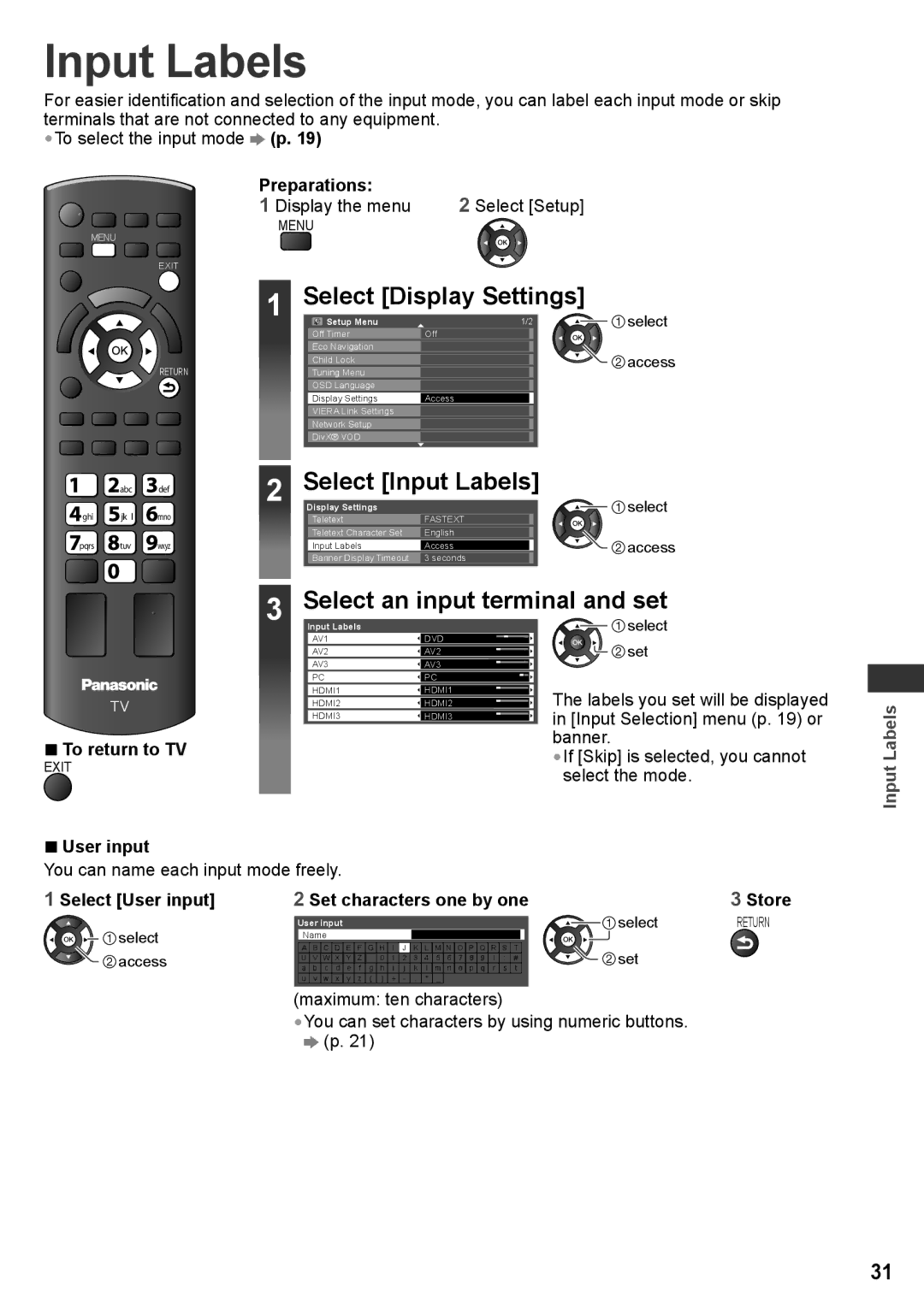 Panasonic TH-P50X30P, TQB4TC0027-1, TH-P50X30V, TH-P50X30T Input Labels, Select an input terminal and set, User input, Store 