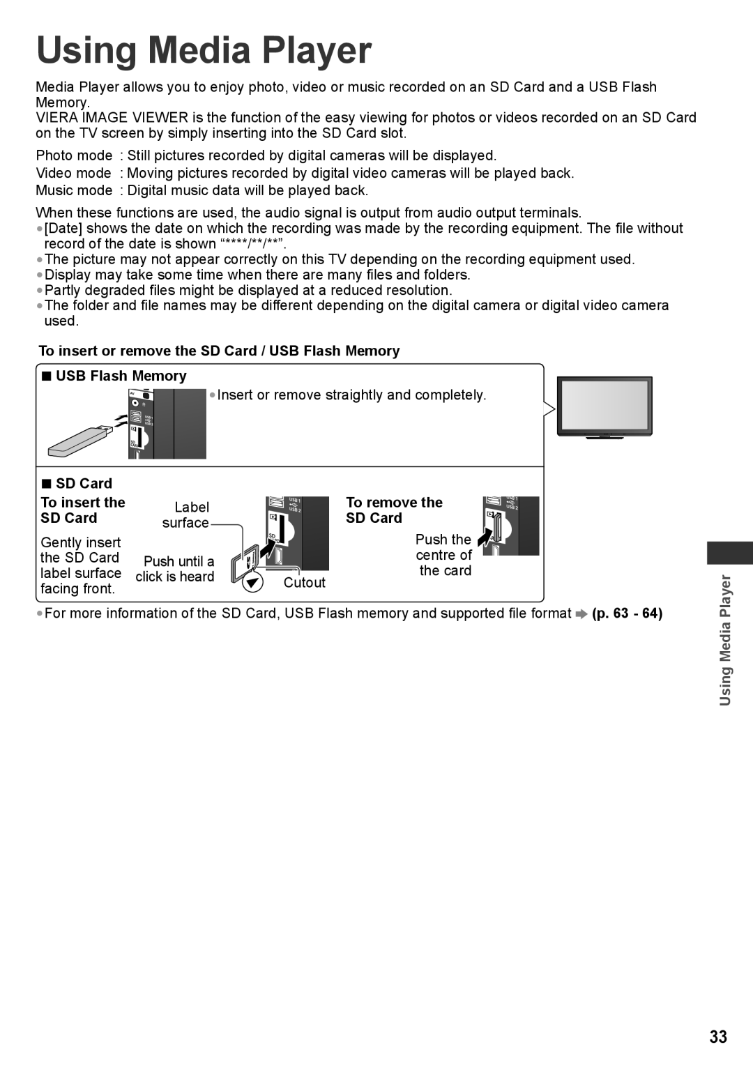 Panasonic TH-P42X30T Using Media Player, To insert or remove the SD Card / USB Flash Memory, SD Card To insert, To remove 