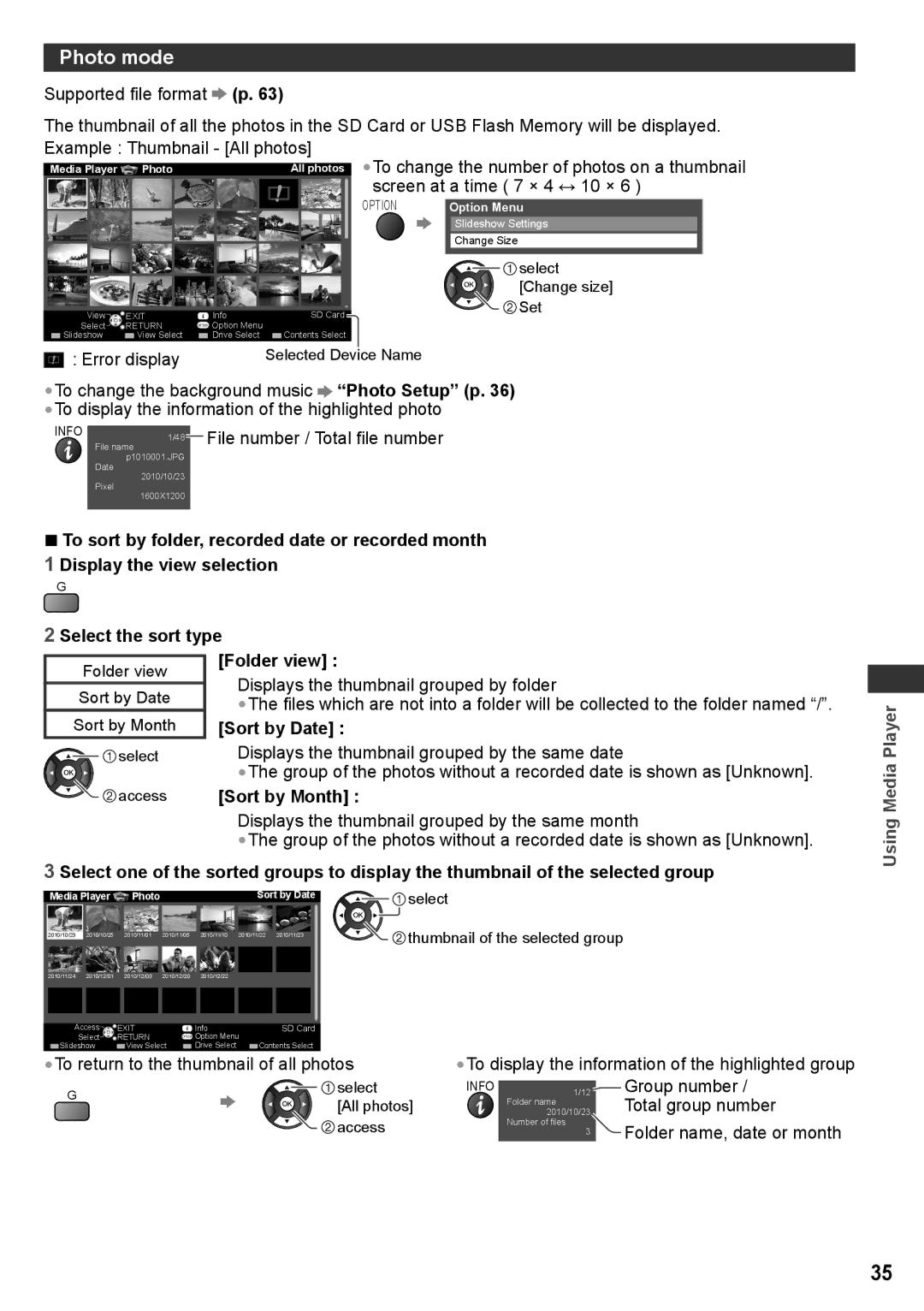 Panasonic TQB4TC0027-1, TH-P50X30V, TH-P50X30T, TH-P42X30V, TH-P42X30Q, TH-P50X30P Photo mode, Sort by Date, Sort by Month 