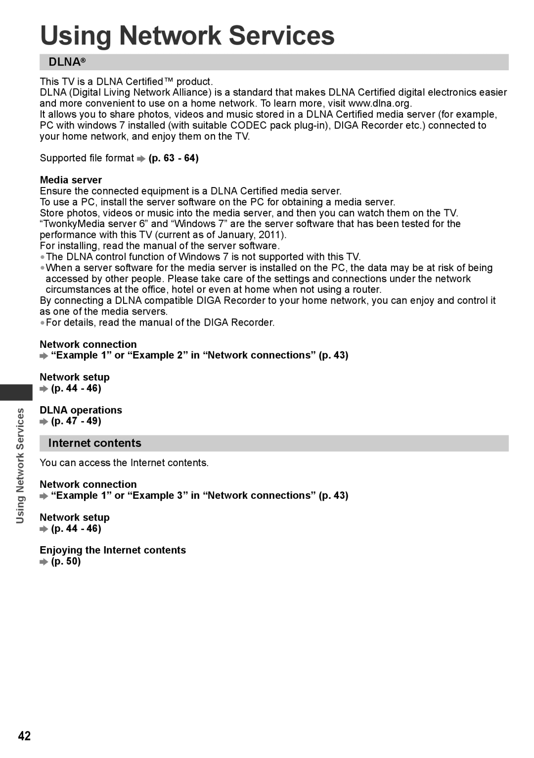 Panasonic TH-P42X30T, TQB4TC0027-1, TH-P50X30V, TH-P50X30T, TH-P42X30V, TH-P42X30Q Using Network Services, Internet contents 