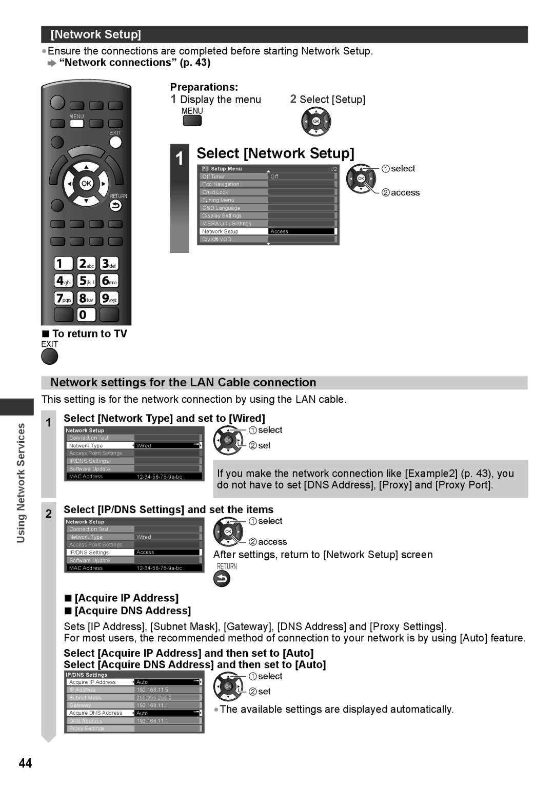 Panasonic TQB4TC0027-1, TH-P50X30V, TH-P50X30T, TH-P42X30V Network Setup, Network settings for the LAN Cable connection 