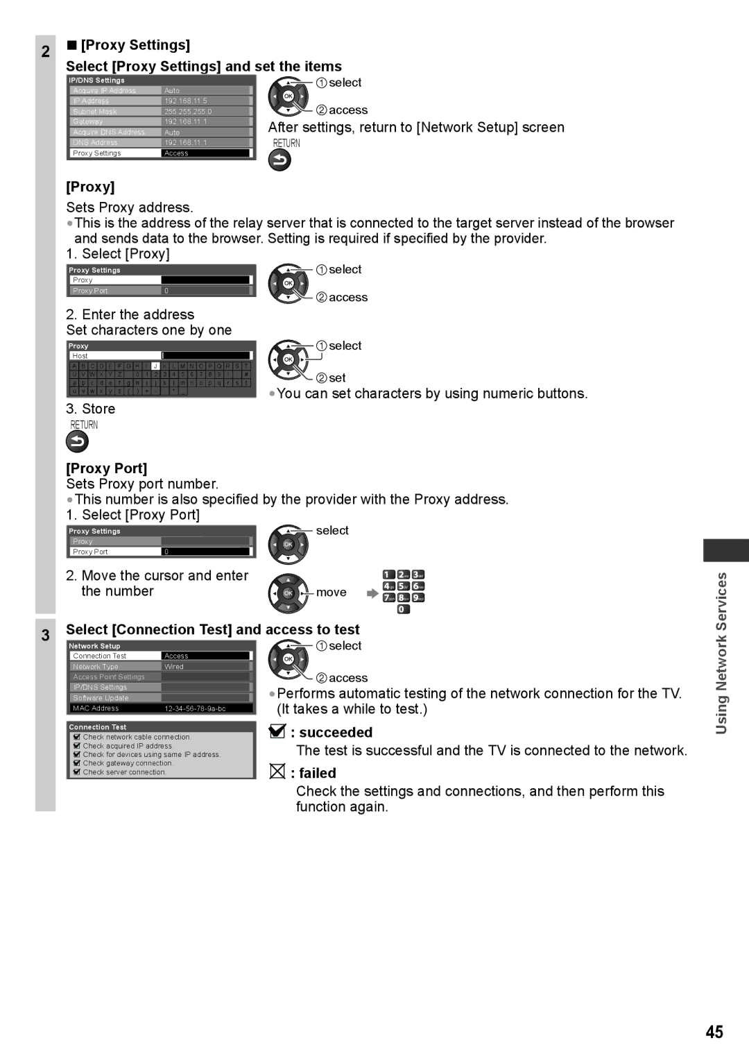 Panasonic TH-P50X30V Proxy Settings Select Proxy Settings and set the items, Enter the address Set characters one by one 