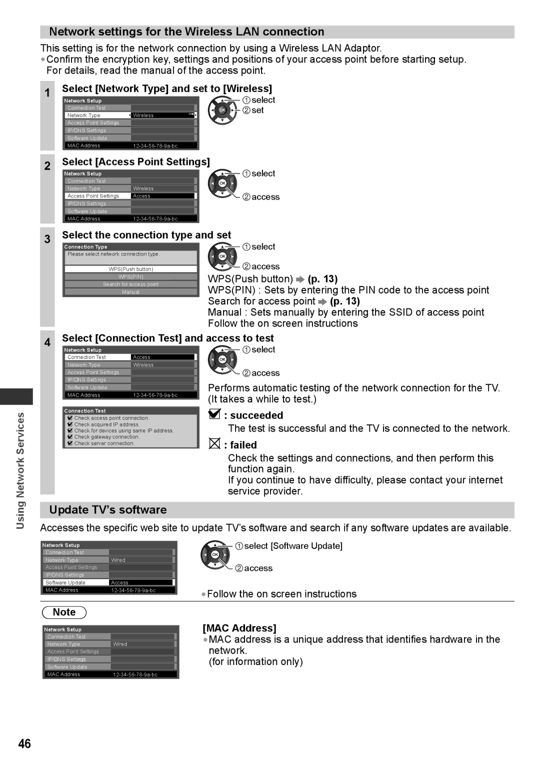 Panasonic TH-P50X30T, TH-P50X30V Network settings for the Wireless LAN connection, Update TV’s software, Succeeded, Failed 